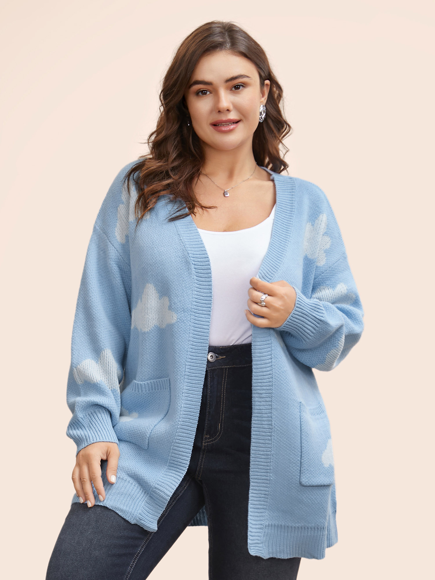 

Plus Size Cloud Drop Shoulder Patch Pocket Cardigan LightBlue Women Casual Loose Long Sleeve Everyday Cardigans BloomChic