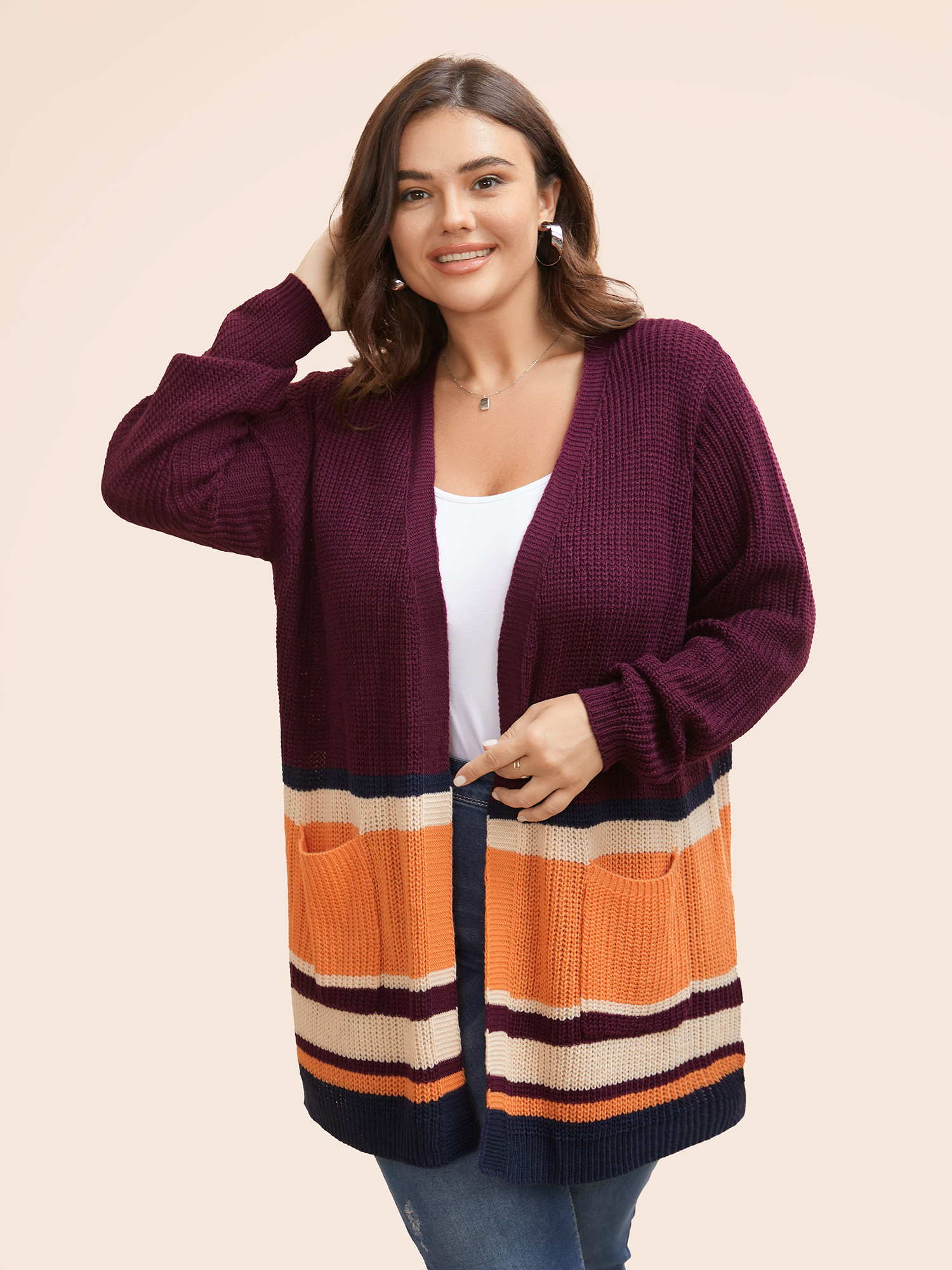 

Plus Size Colorblock Contrast Patched Pocket Open Front Cardigan Plum Women Casual Loose Long Sleeve Everyday Cardigans BloomChic