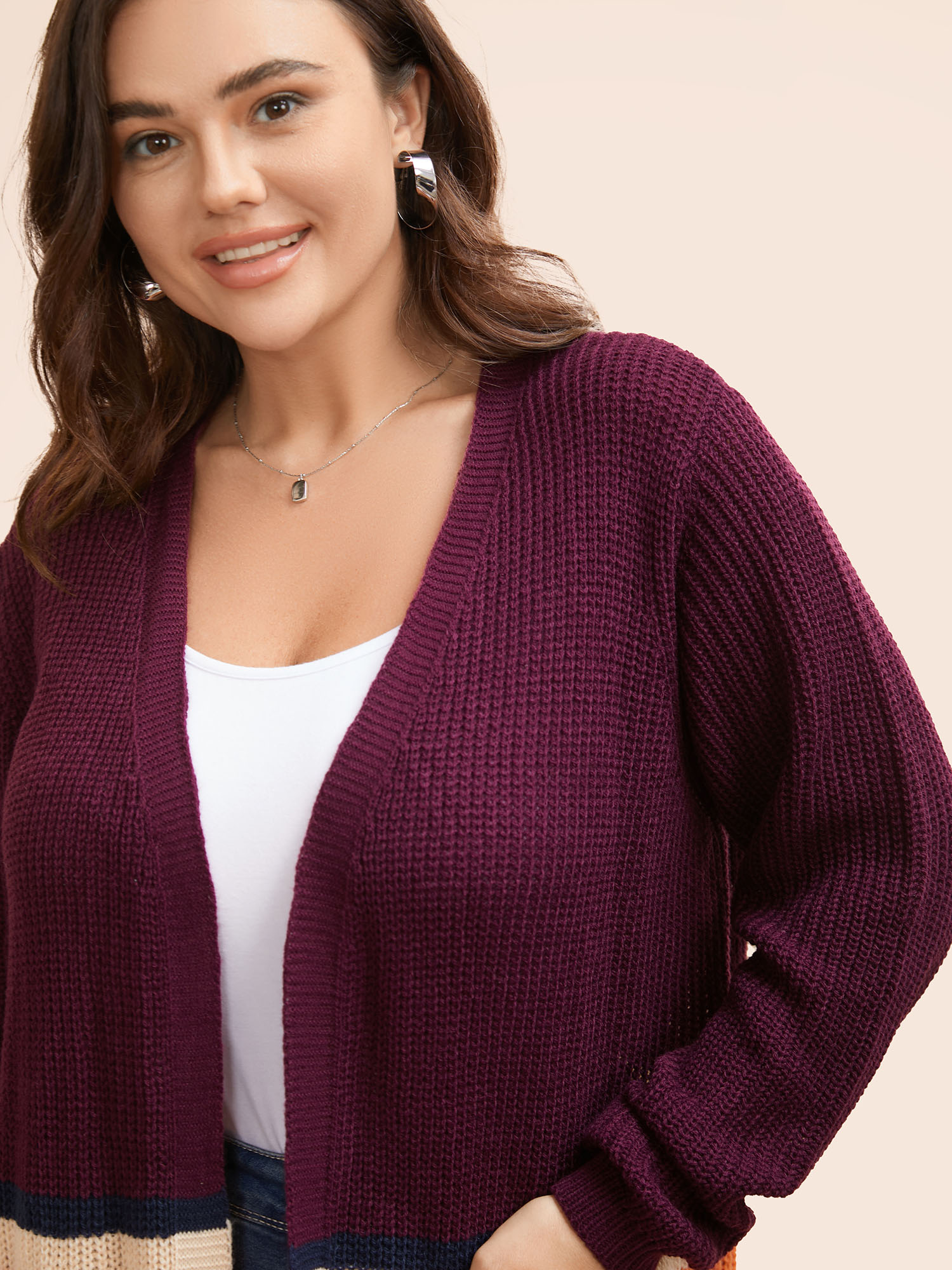 

Plus Size Colorblock Contrast Patched Pocket Open Front Cardigan Plum Women Casual Loose Long Sleeve Everyday Cardigans BloomChic