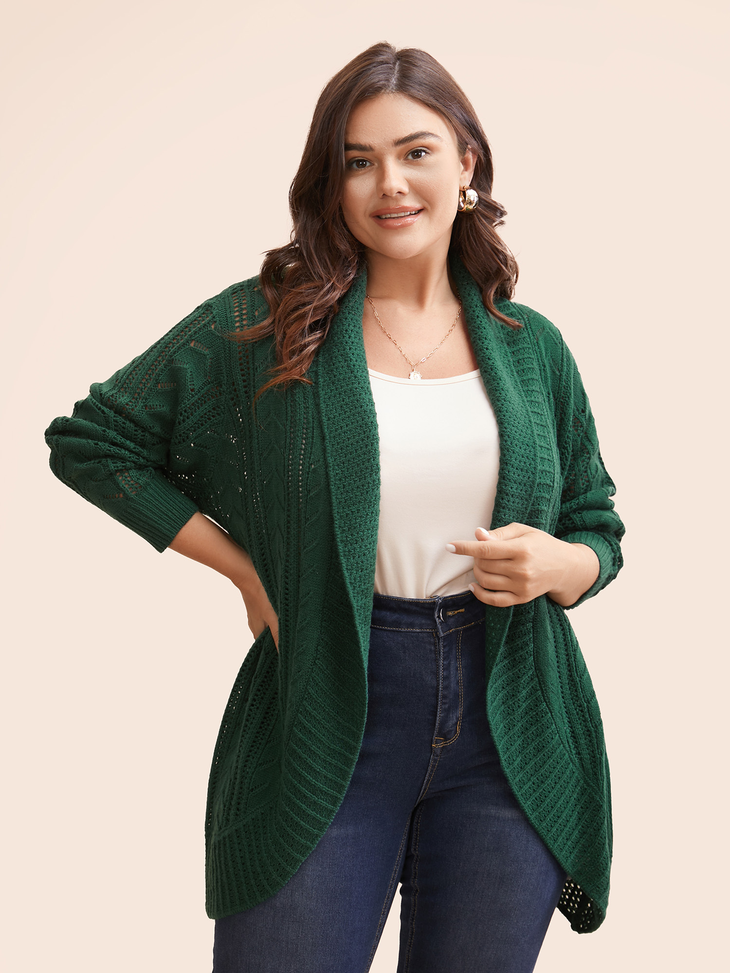 

Plus Size Kimono Collar Cable Knit Arc Hem Cardigan DarkGreen Women Casual Loose Long Sleeve Everyday Cardigans BloomChic