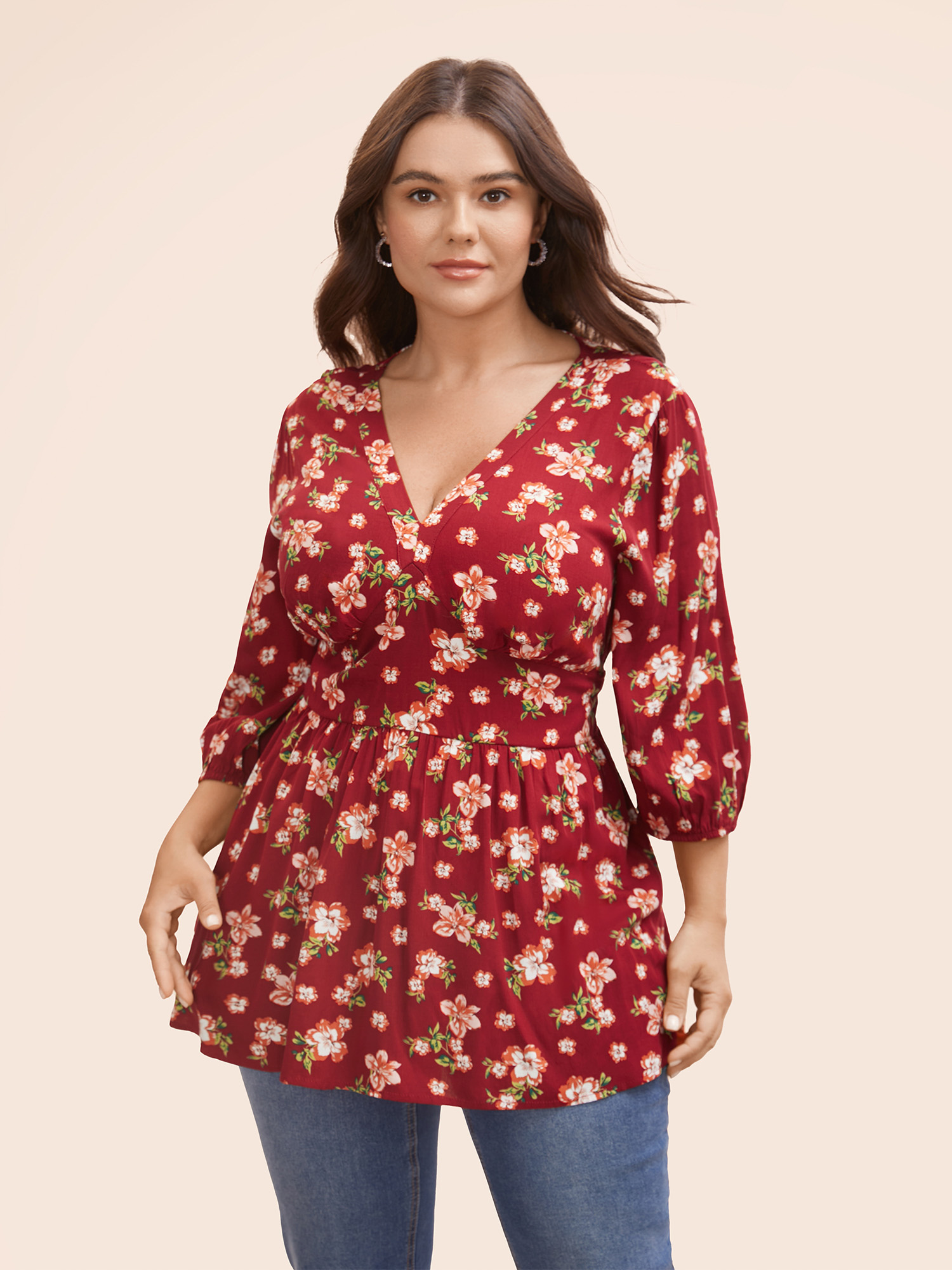 

Plus Size Burgundy Floral Shirred Lantern Sleeve Blouse Women Elegant Elbow-length sleeve Deep V-neck Everyday Blouses BloomChic