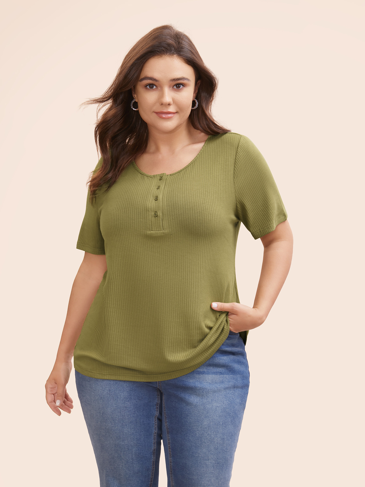 

Plus Size Supersoft Essentials Rib Knit Button Up T-shirt Olive Women Casual Texture Round Neck Everyday T-shirts BloomChic