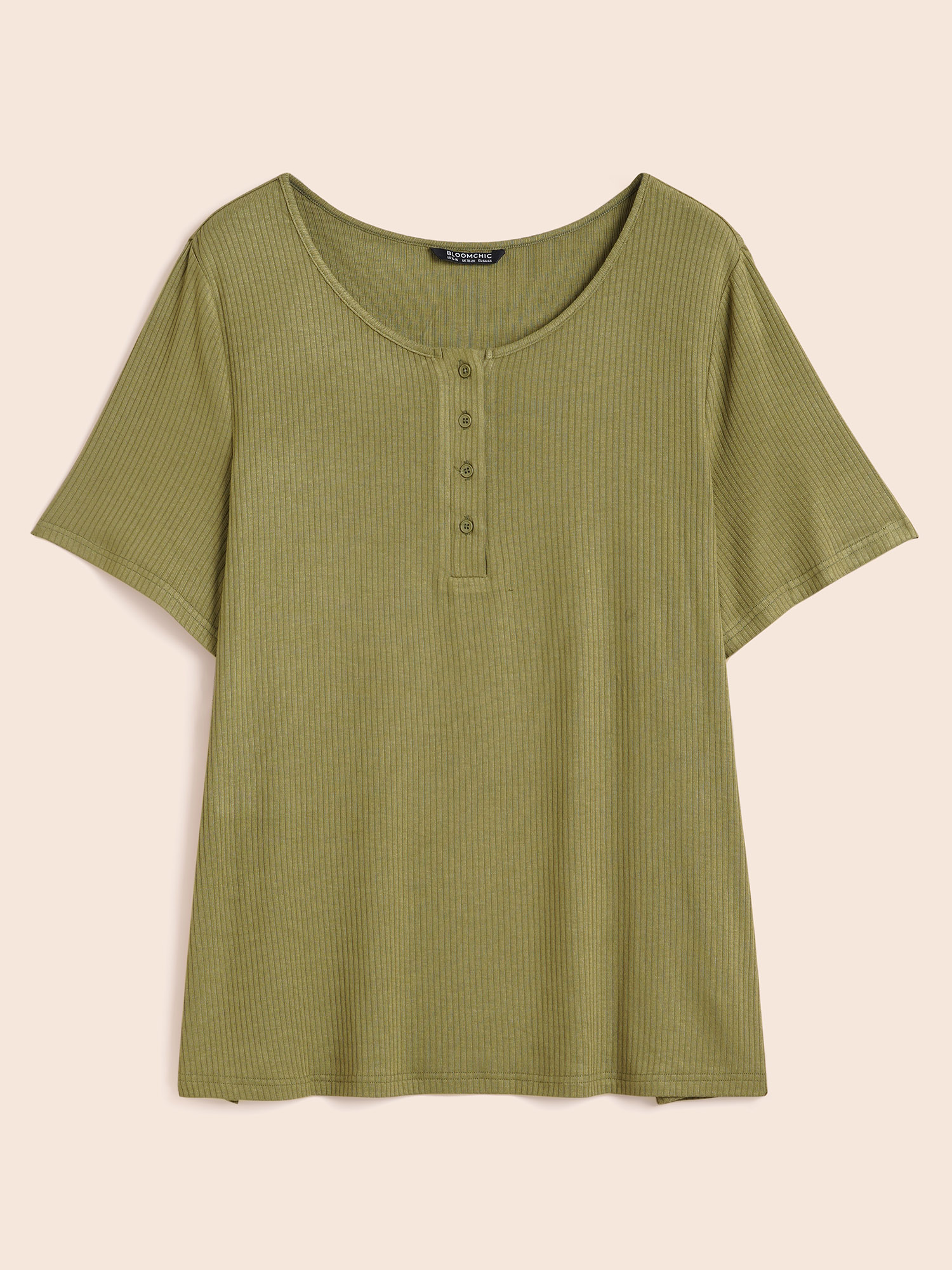 

Plus Size Supersoft Essentials Rib Knit Button Up T-shirt Olive Women Casual Texture Round Neck Everyday T-shirts BloomChic