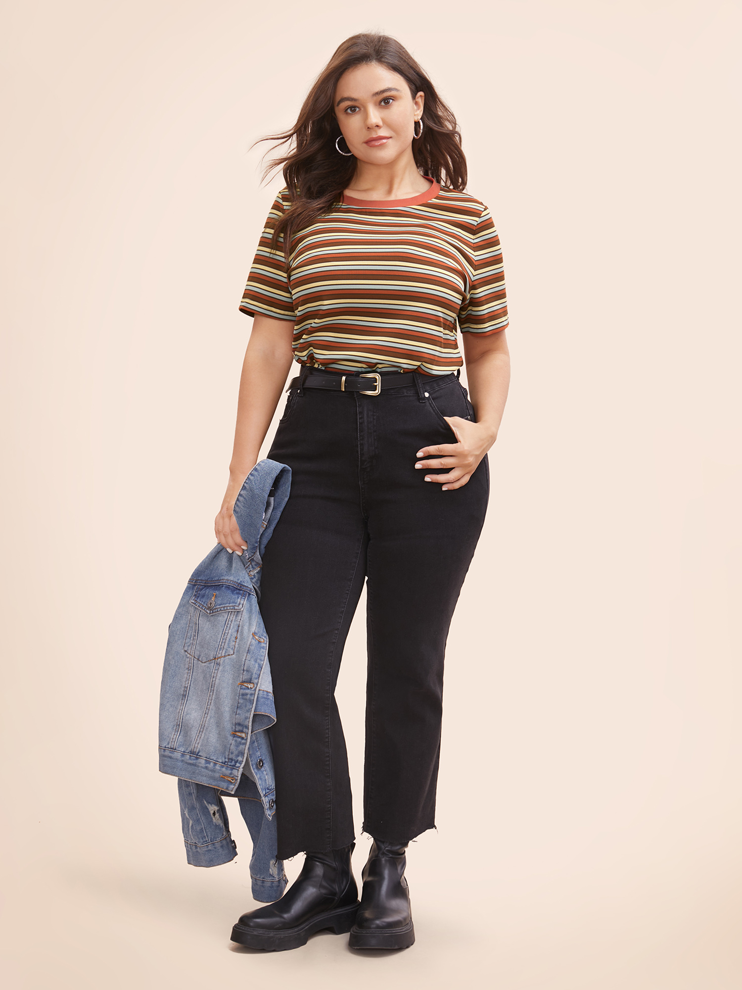 

Plus Size Round Neck Texture Contrast Striped T-shirt Multicolor Women Casual Texture Round Neck Everyday T-shirts BloomChic