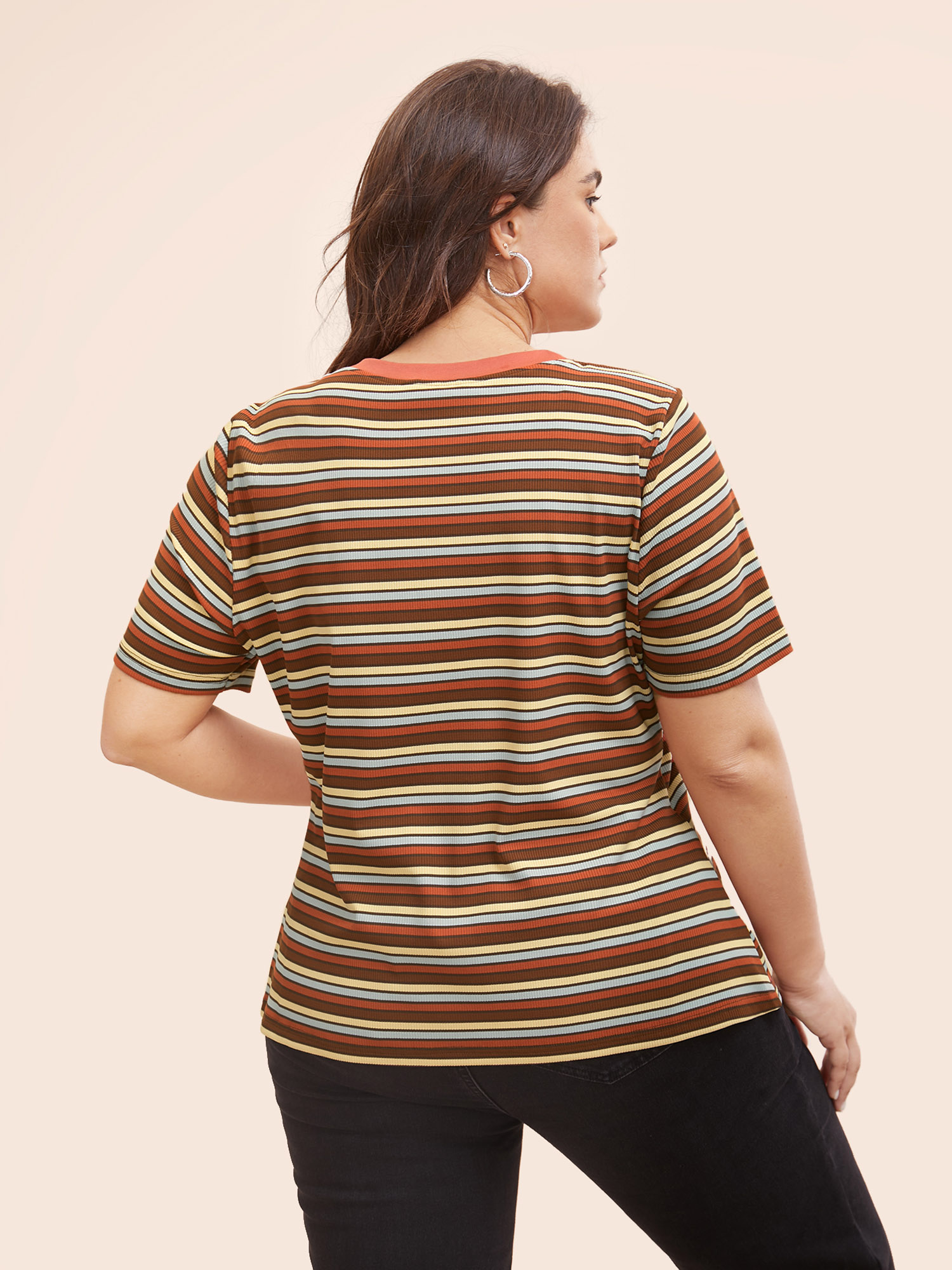Plus Size Round Neck Texture Contrast Striped T-shirt Multicolor Women Casual Texture Round Neck Everyday T-shirts BloomChic 30/6X 