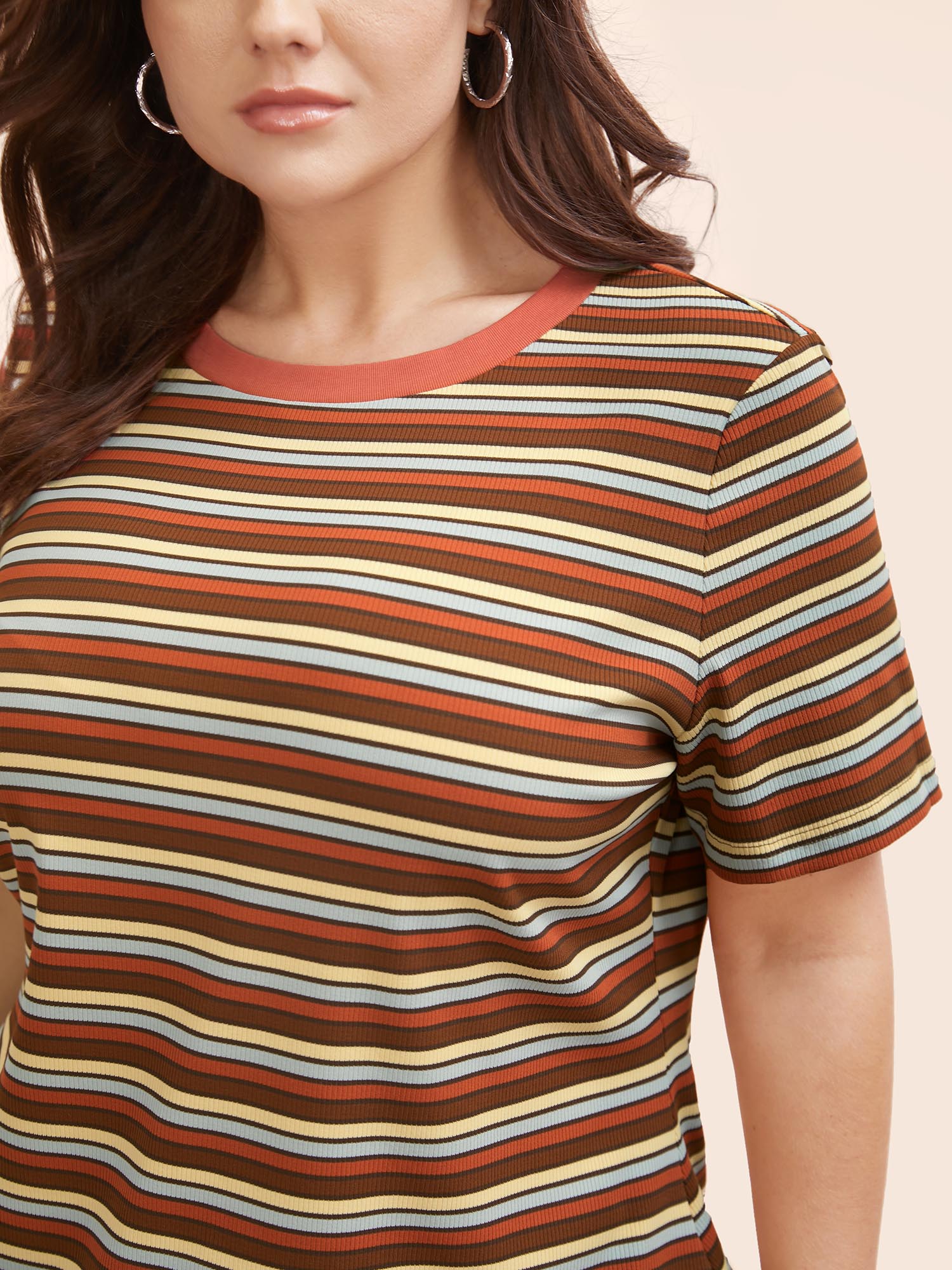 Plus Size Round Neck Texture Contrast Striped T-shirt Multicolor Women Casual Texture Round Neck Everyday T-shirts BloomChic 30/6X 
