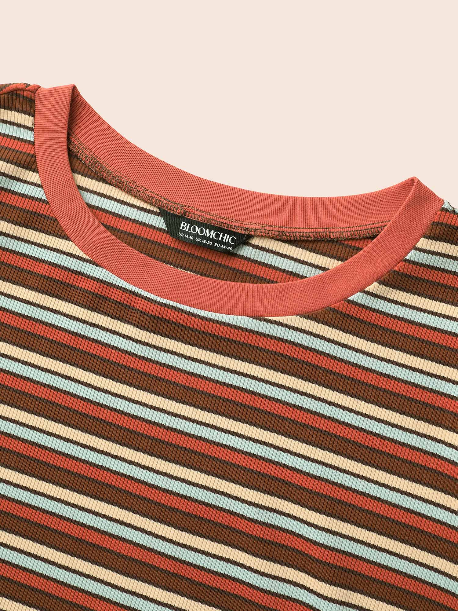 Plus Size Round Neck Texture Contrast Striped T-shirt Multicolor Women Casual Texture Round Neck Everyday T-shirts BloomChic 30/6X 