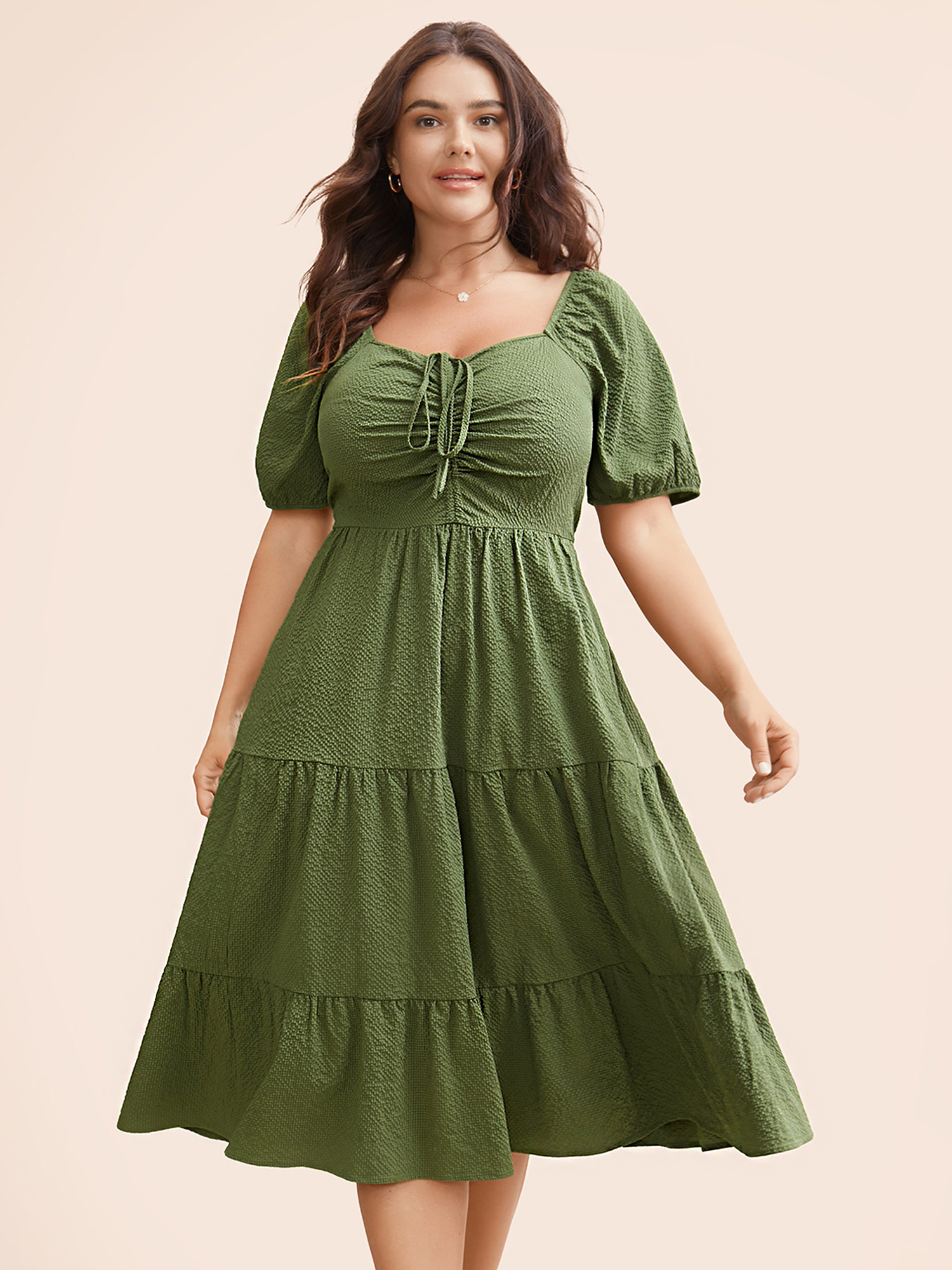 

Plus Size Textured Drawstring Ruffle Layered Hem Dress ArmyGreen Women Elegant Texture Heart neckline Short sleeve Curvy BloomChic