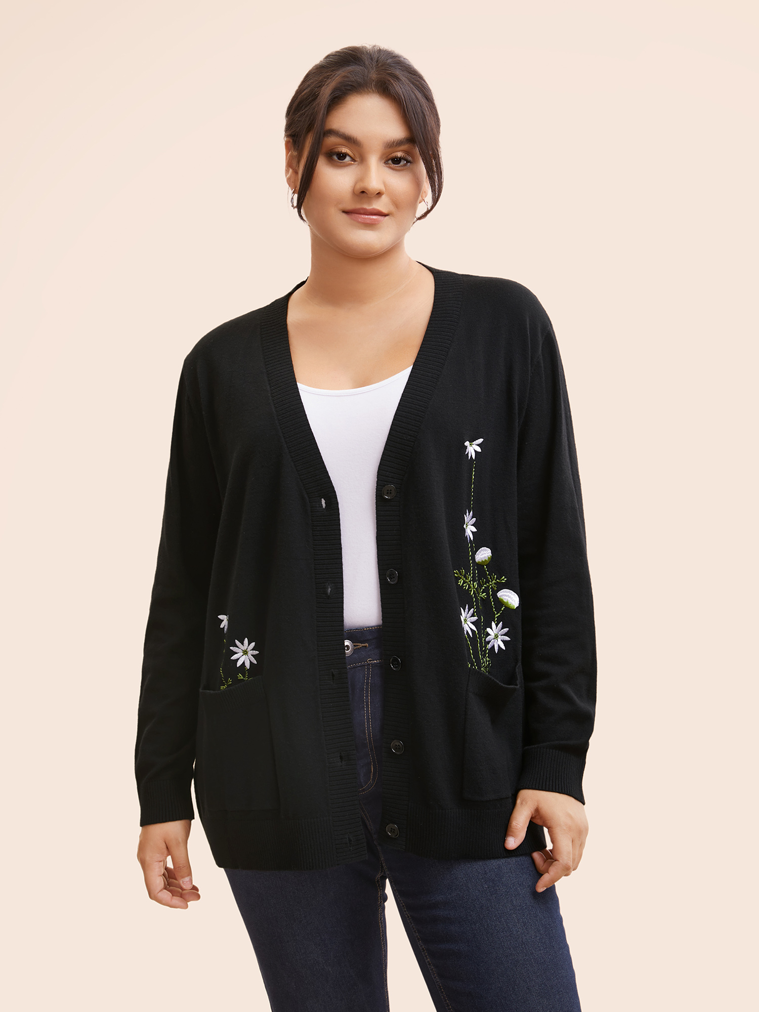 

Plus Size Floral Embroidered Patched Pocket Cardigan Black Women Casual Loose Long Sleeve Everyday Cardigans BloomChic