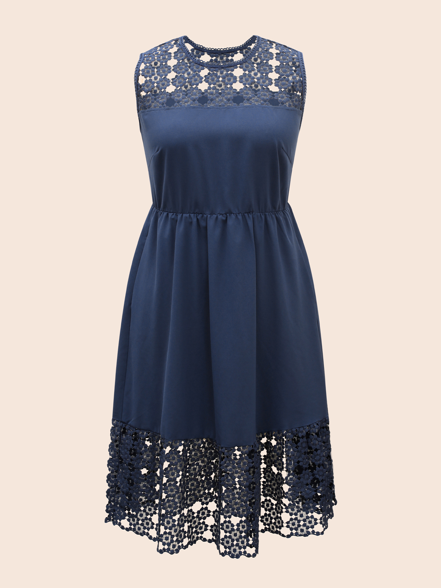 

Plus Size Lace Panel Elastic Waist Sleeveless Dress DarkBlue Women Formal Woven ribbon&lace trim Party Curvy Bloomchic