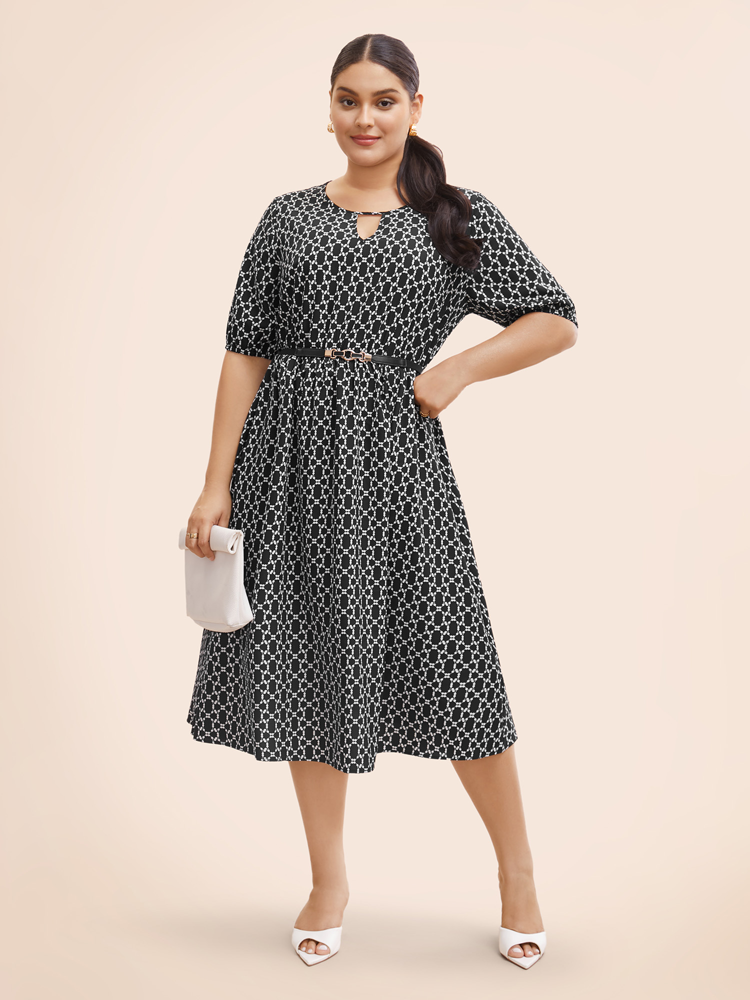 

Plus Size Geometric Keyhole Lantern Sleeve Midi Dress Black Women At the Office Cut-Out Round Neck Half Sleeve Curvy BloomChic