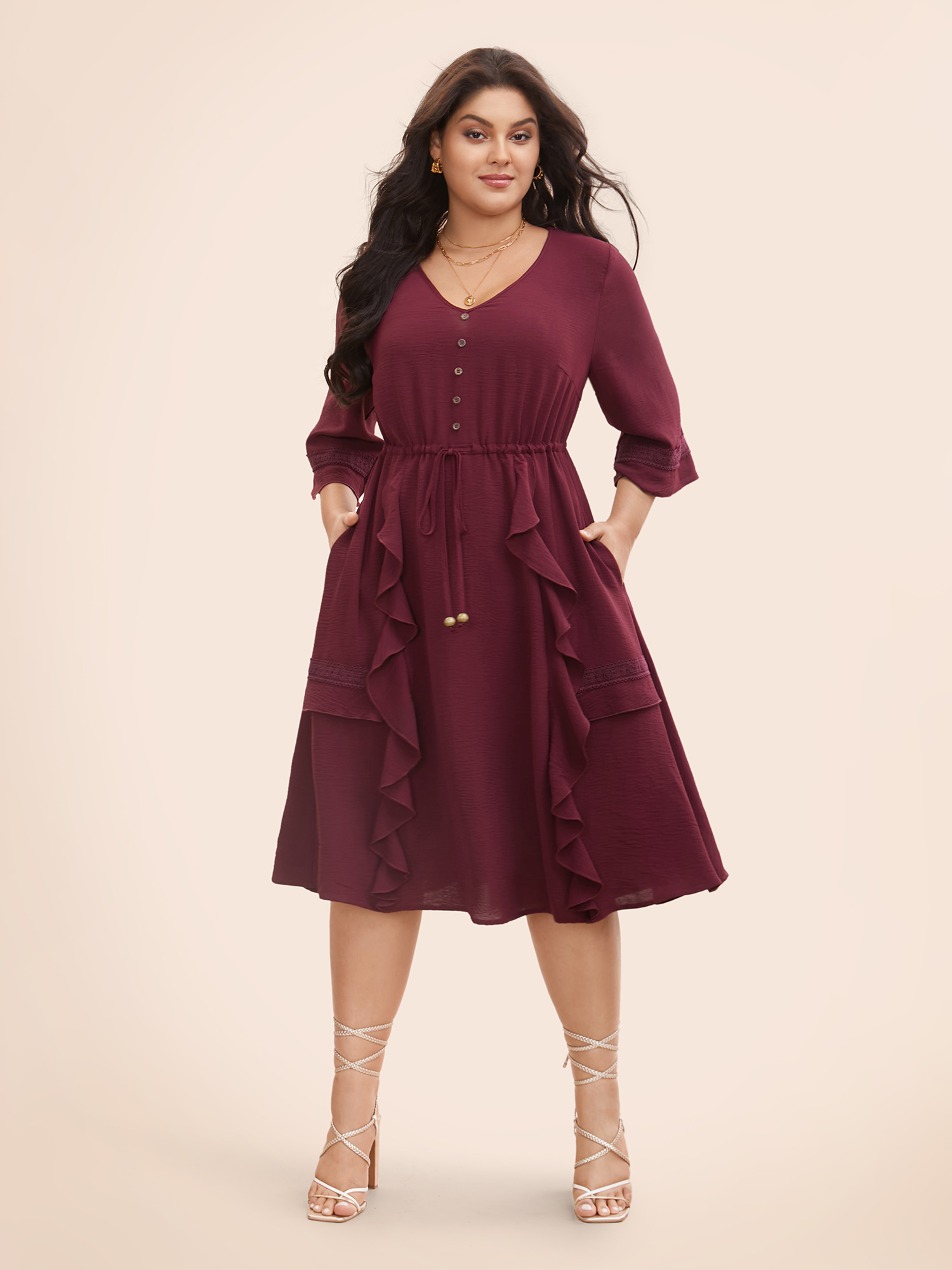 

Plus Size Plain Ruffle Trim Button Detail Drawstring Dress Deeppurplered Women Resort Woven ribbon&lace trim V-neck Elbow-length sleeve Curvy BloomChic