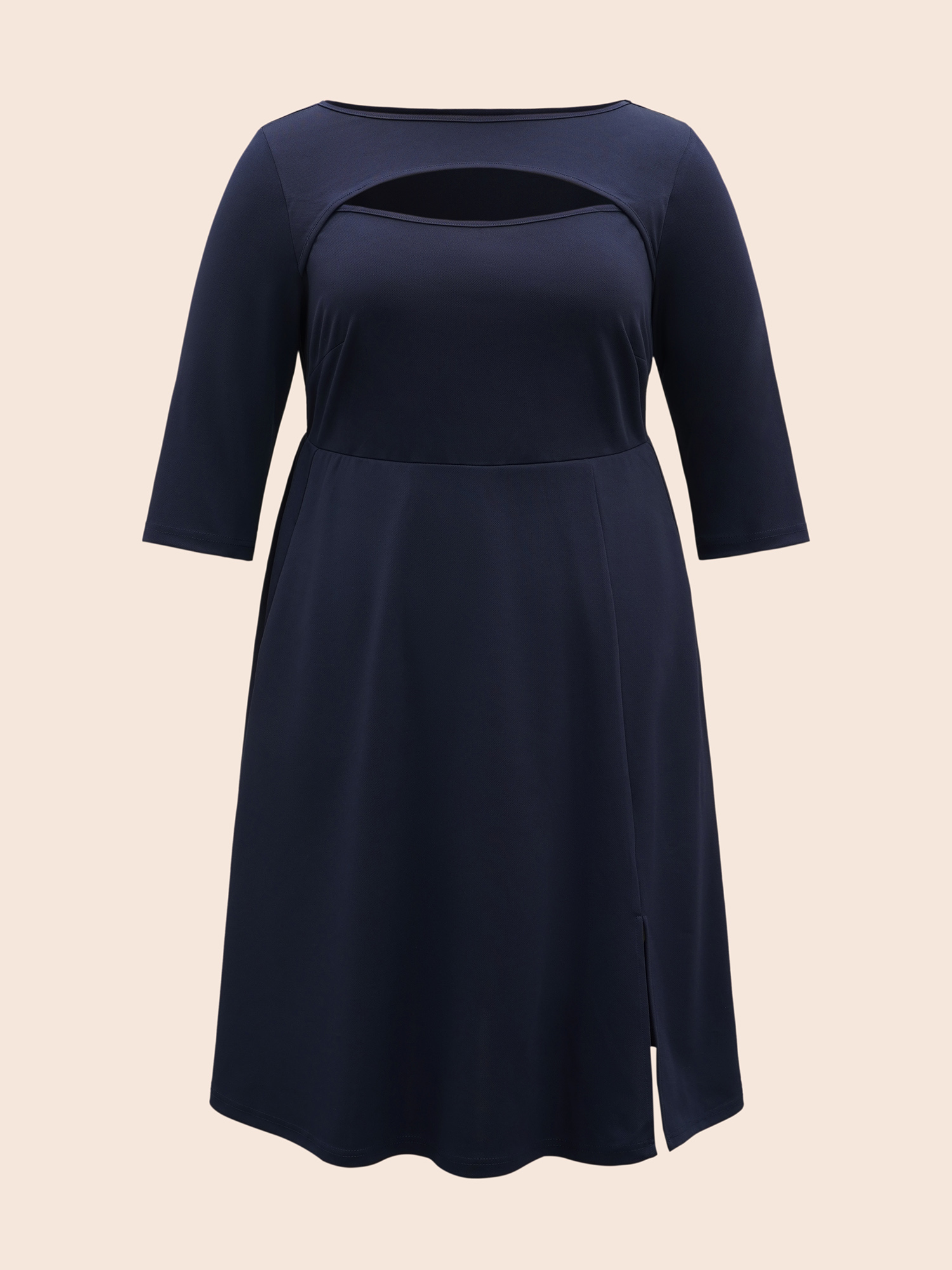 Plus Size Solid Cut Out Split Hem Dress Navy Women At the Office Cut-Out Boat Neck Elbow-length sleeve Curvy BloomChic 26/4X 