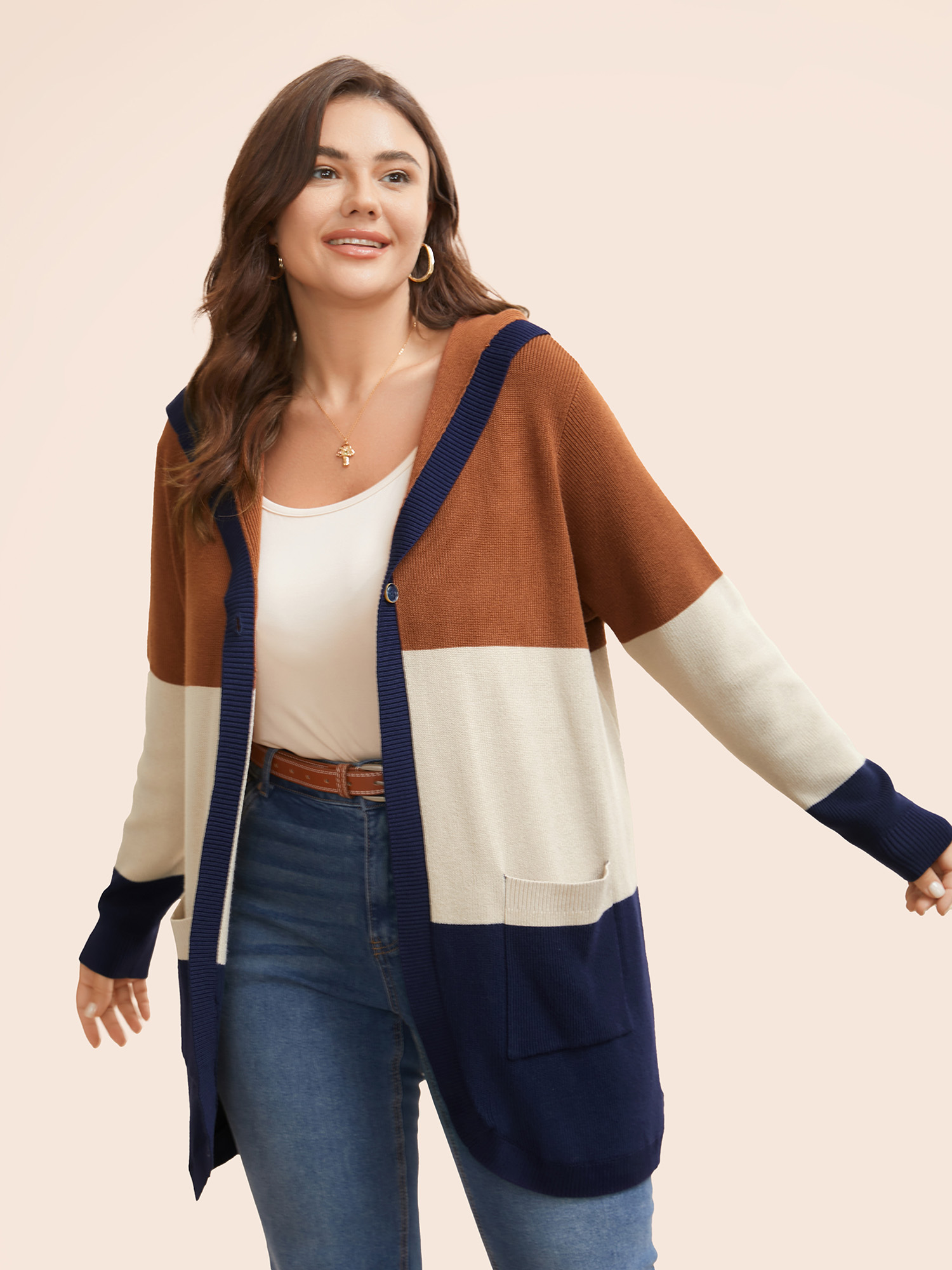 

Plus Size Colorblock Contrast Patched Pocket Hooded Cardigan Browncoffeecolor Women Casual Loose Long Sleeve Everyday Cardigans BloomChic