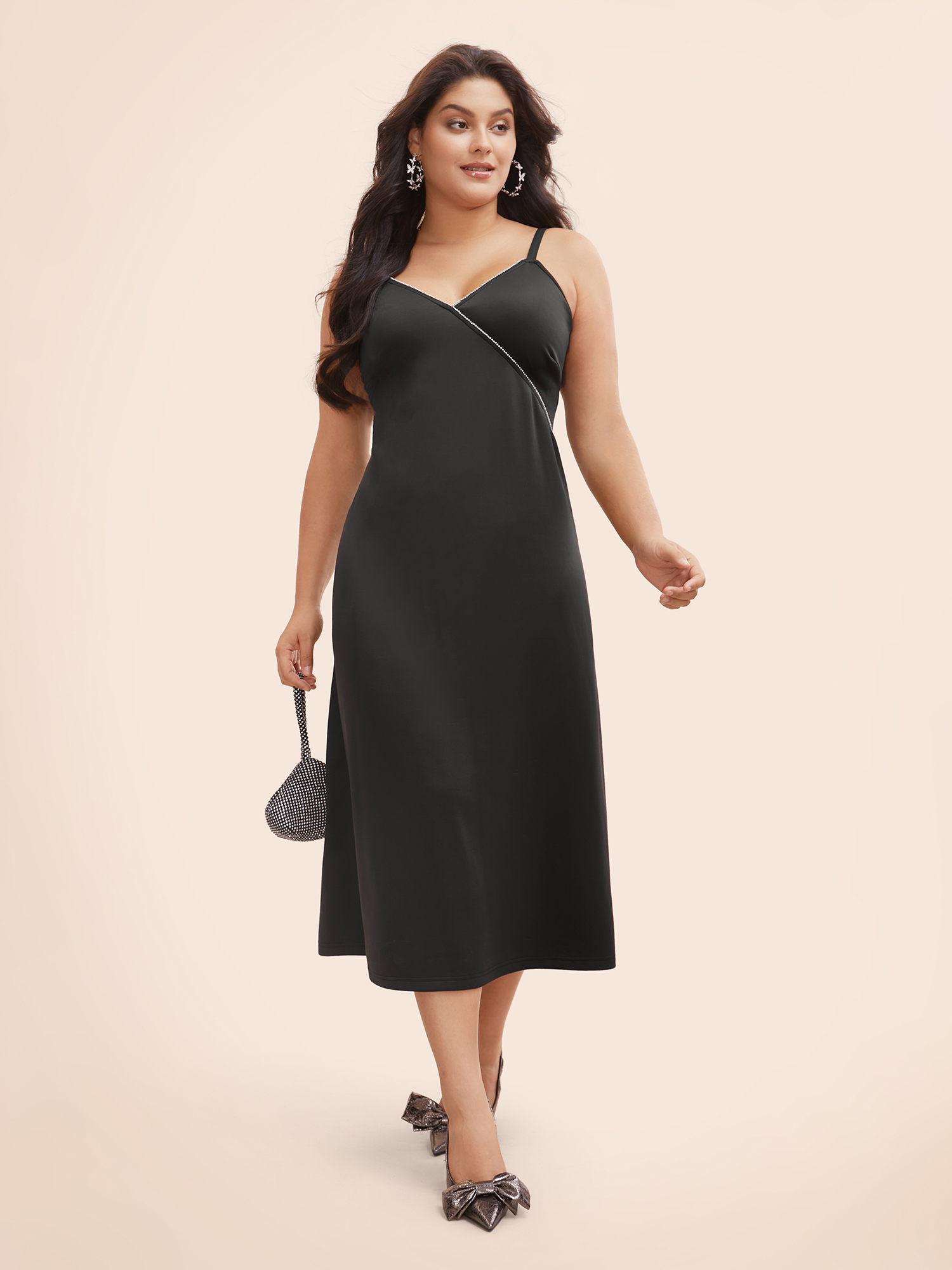 Plus Size Rhinestone Detail Overlap Collar Cami Dress Black Women Cocktail Rhinestone detailing Overlap Collar Sleeveless Curvy BloomChic 22-24/3X 