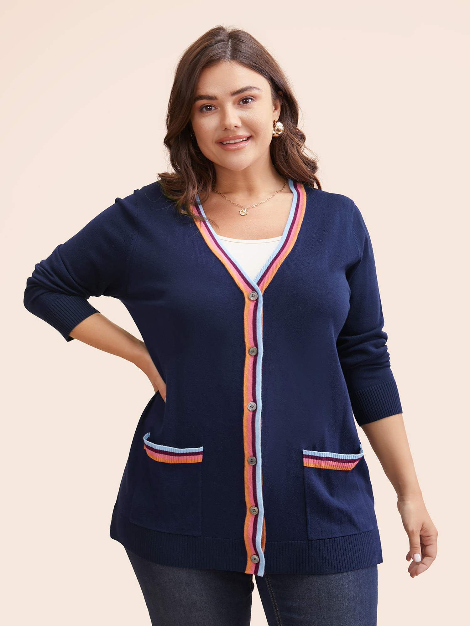 

Plus Size Contrast Striped Trim Patch Pocket Cardigan Indigo Women Casual Loose Long Sleeve Everyday Cardigans BloomChic