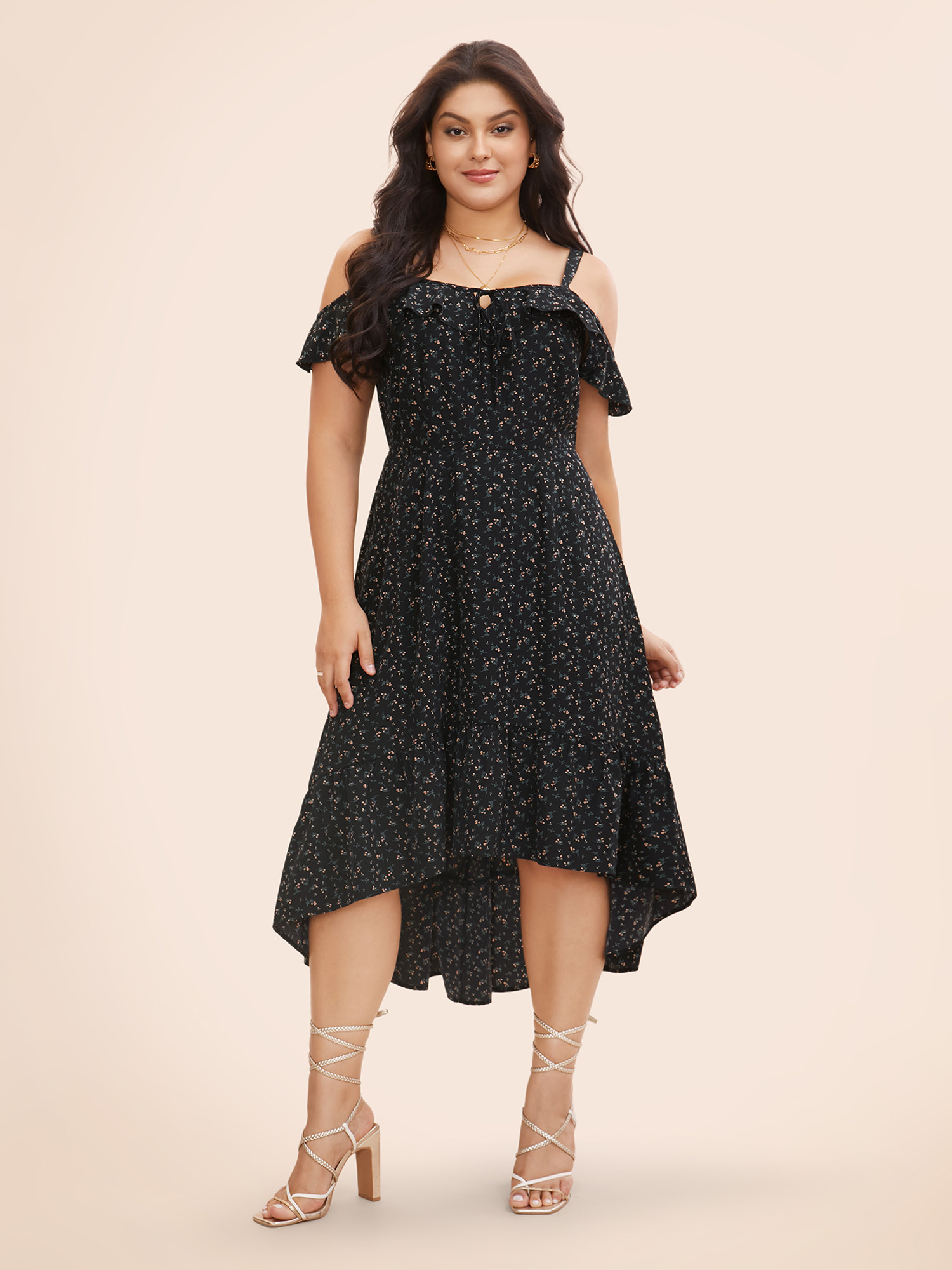 

Plus Size Ditsy Floral One Shoulder Neck Ruffles Dress Black Women Elegant Tie knot One-shoulder neck Short sleeve Curvy BloomChic