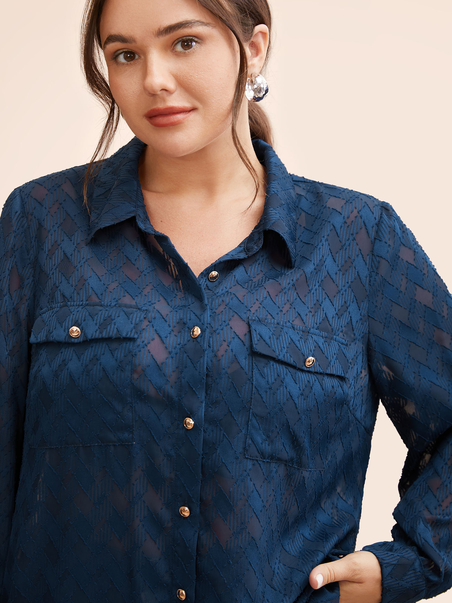 

Plus Size Shirt Collar Textured Mesh Flap Detail Blouse Indigo Long Sleeve Shirt collar Workwear Essentials Shirts