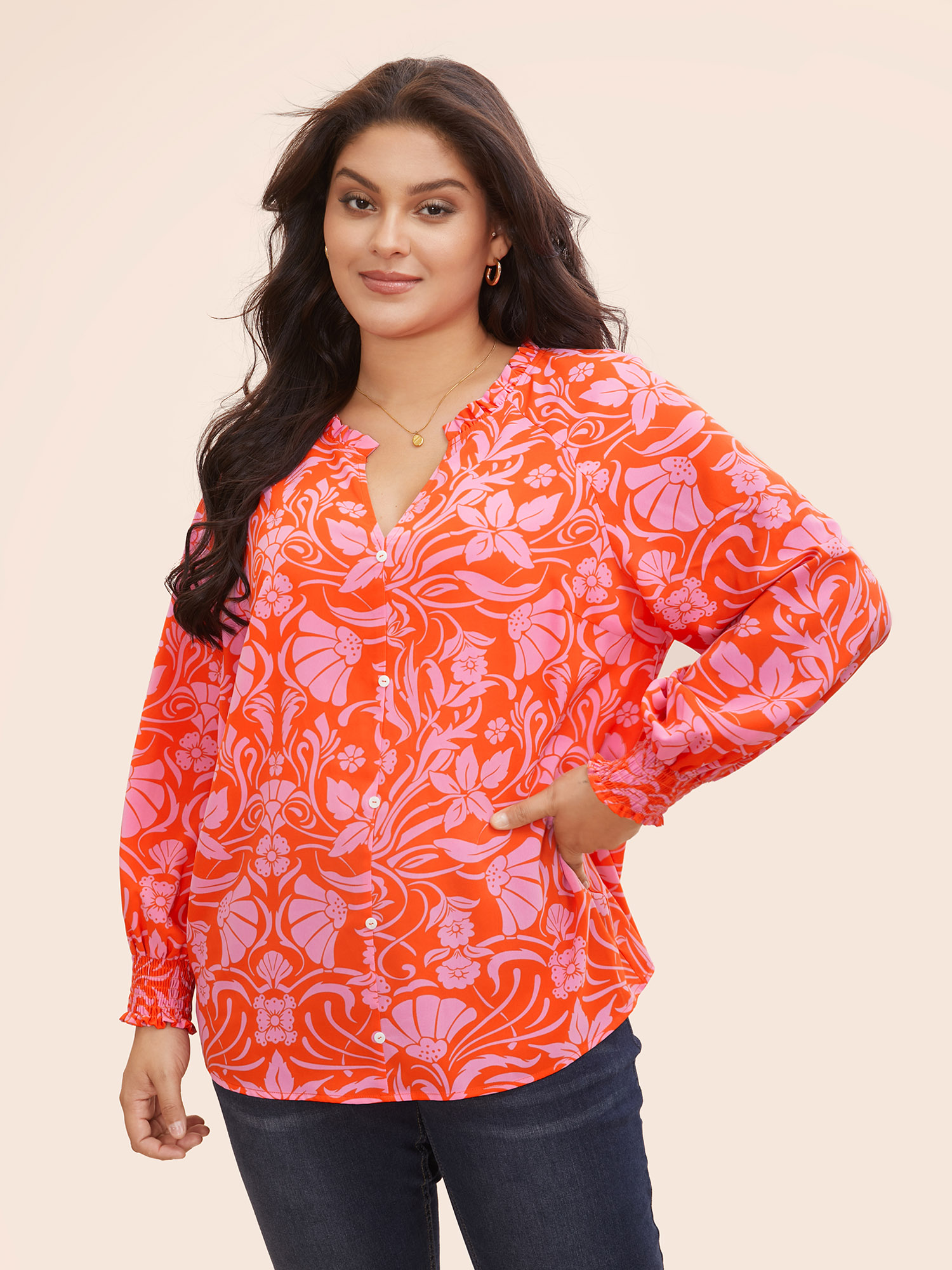 

Plus Size Rosered Floral Shirred Frill Trim Lantern Sleeve Blouse Women Elegant Long Sleeve V-neck Everyday Blouses BloomChic