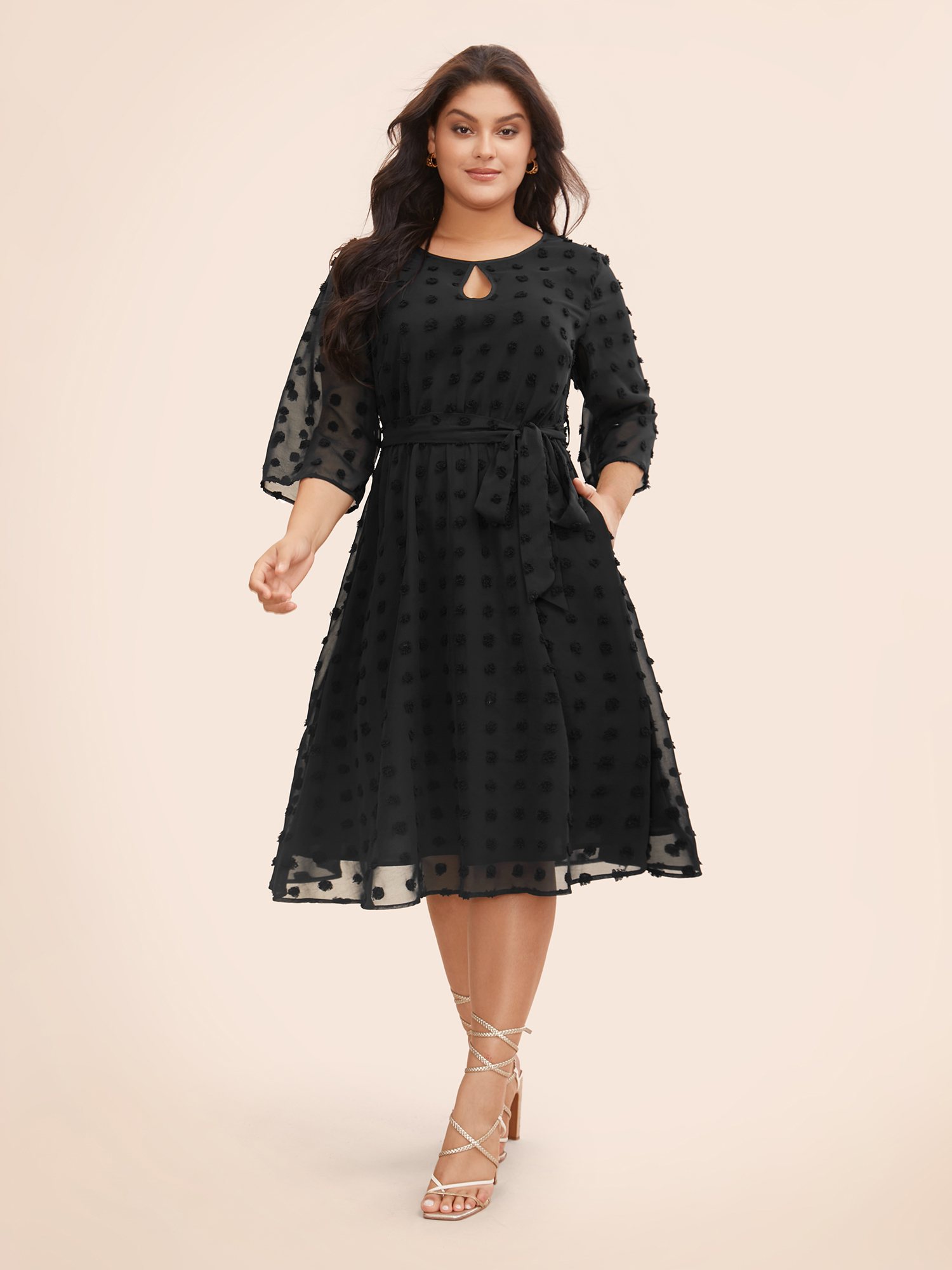 

Plus Size Chiffon Jacquard Patchwork Mesh Keyhole Dress Black Women Elegant Gathered Boat Neck Elbow-length sleeve Curvy BloomChic