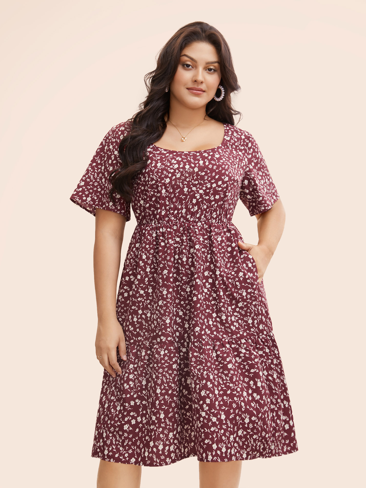 

Plus Size Ditsy Floral U Neck Ruffle Sleeve Dress Burgundy Women Elegant Non U-neck Short sleeve Curvy BloomChic