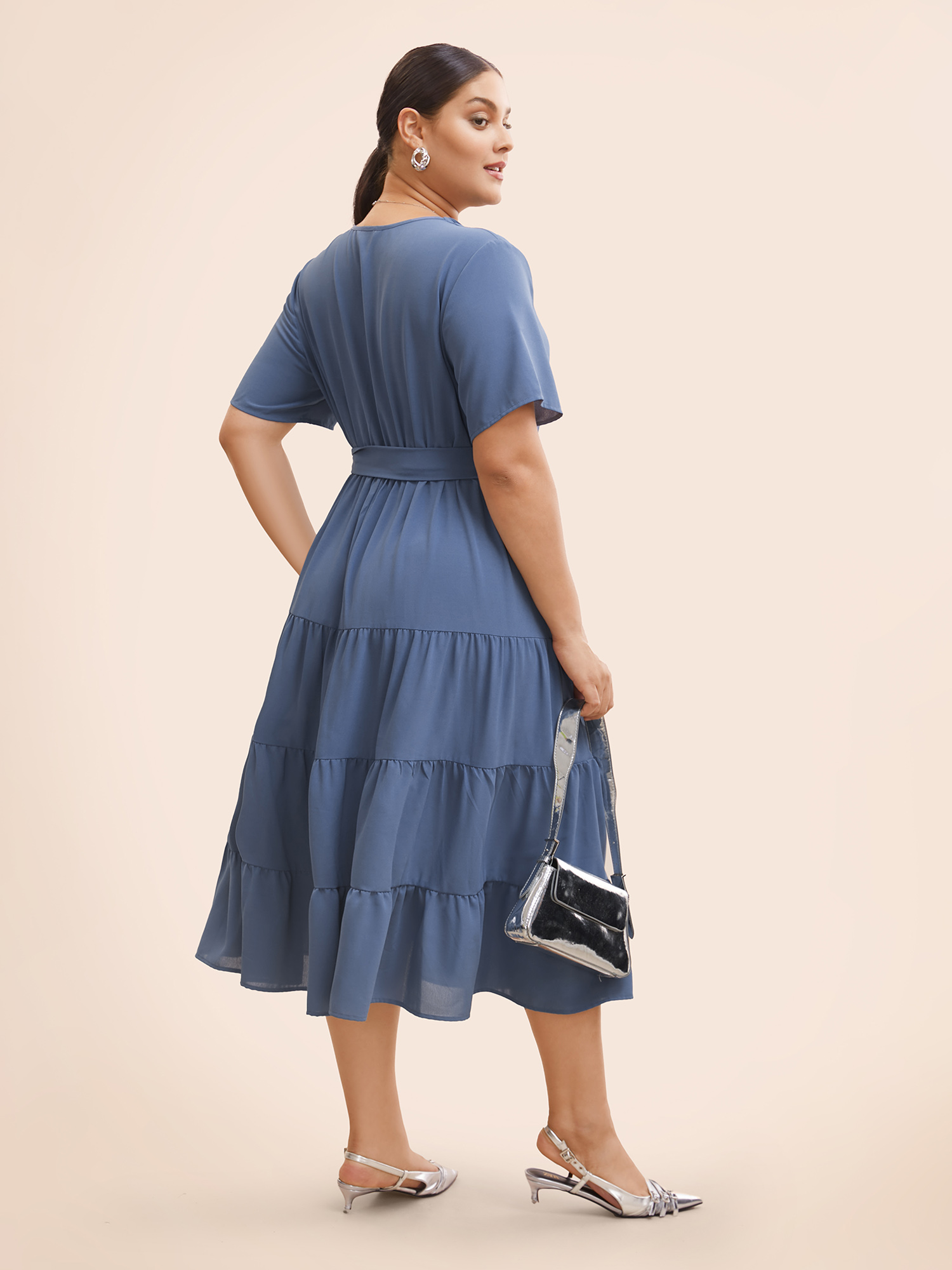 

Plus Size Suit Collar Ruffle Layered Hem Dress Stone Women Workwear Essentials Belted Suit Collar Short sleeve Curvy BloomChic