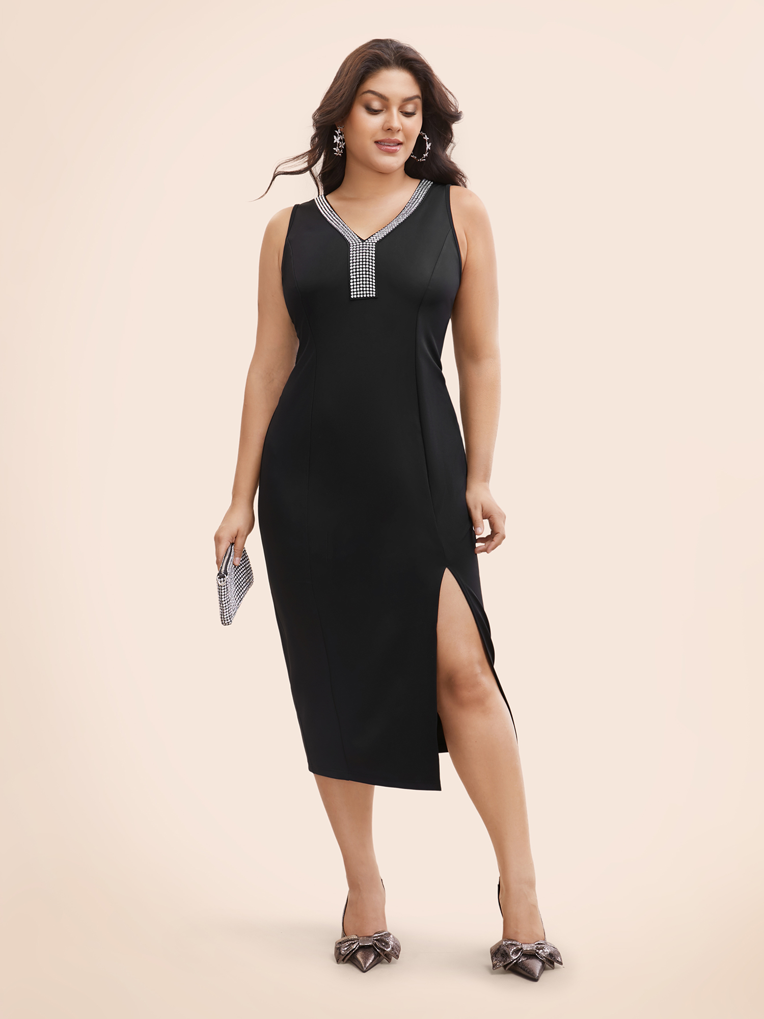 

Plus Size Rhinestone V Neck Split Hem Dress Black Women Cocktail Rhinestone detailing V-neck Sleeveless Curvy BloomChic