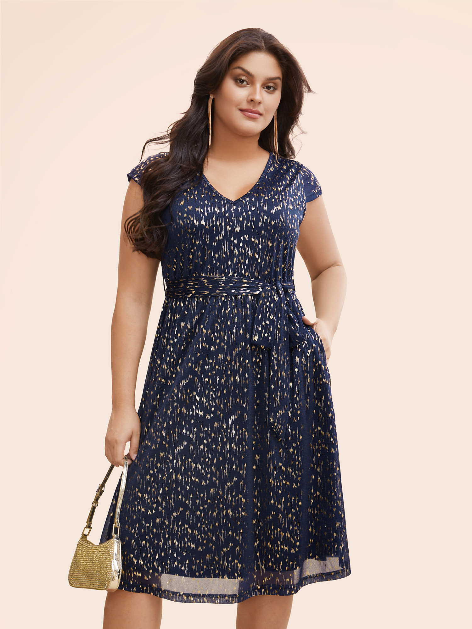 

Plus Size Glitter Geometric Cap Sleeve Belted Dress Navy Women Cocktail Texture V-neck Cap Sleeve Curvy BloomChic