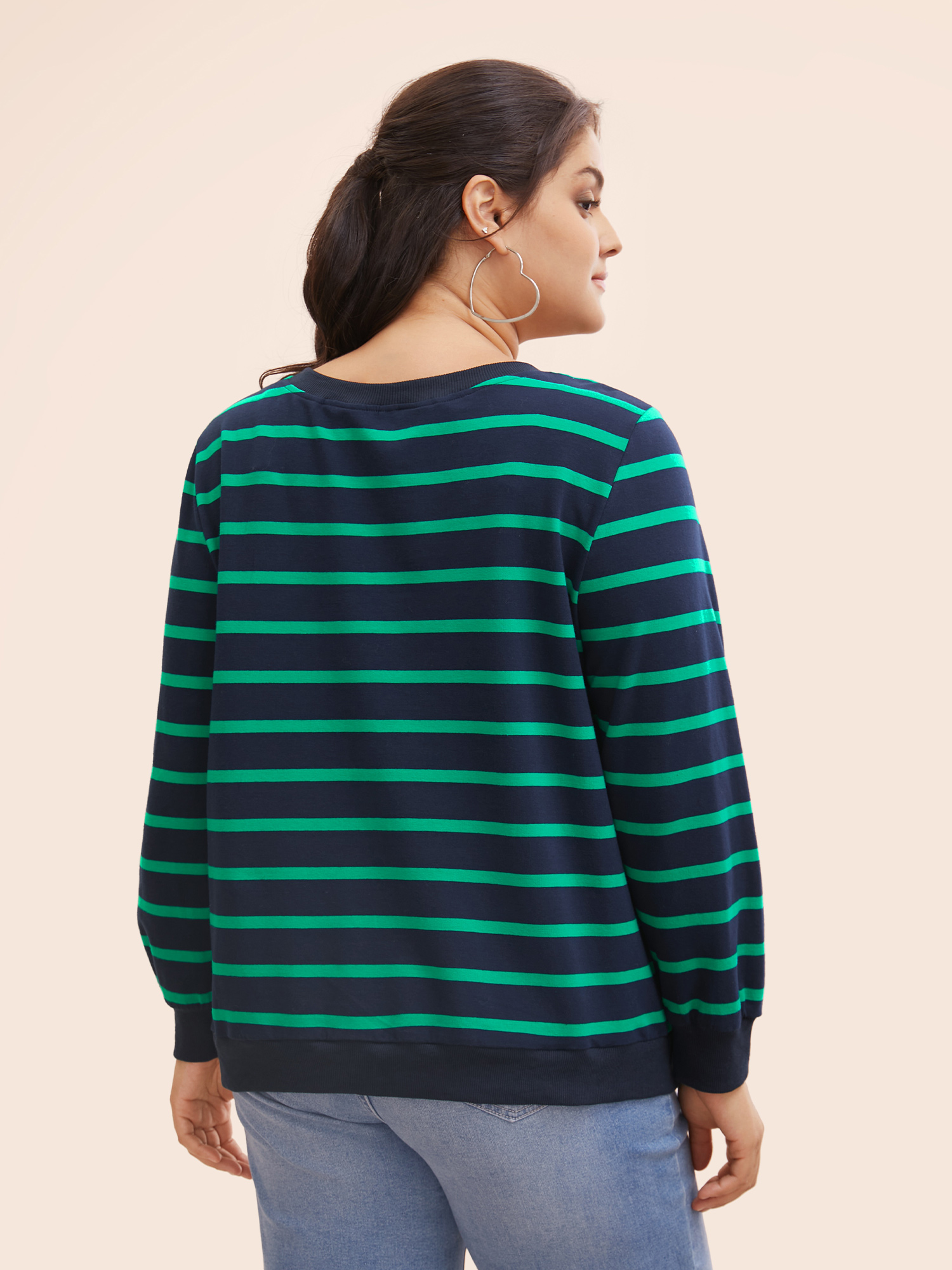 

Plus Size Round Neck Striped Stretchy Sweatshirt Women Midnight Casual Contrast Round Neck Everyday Sweatshirts BloomChic