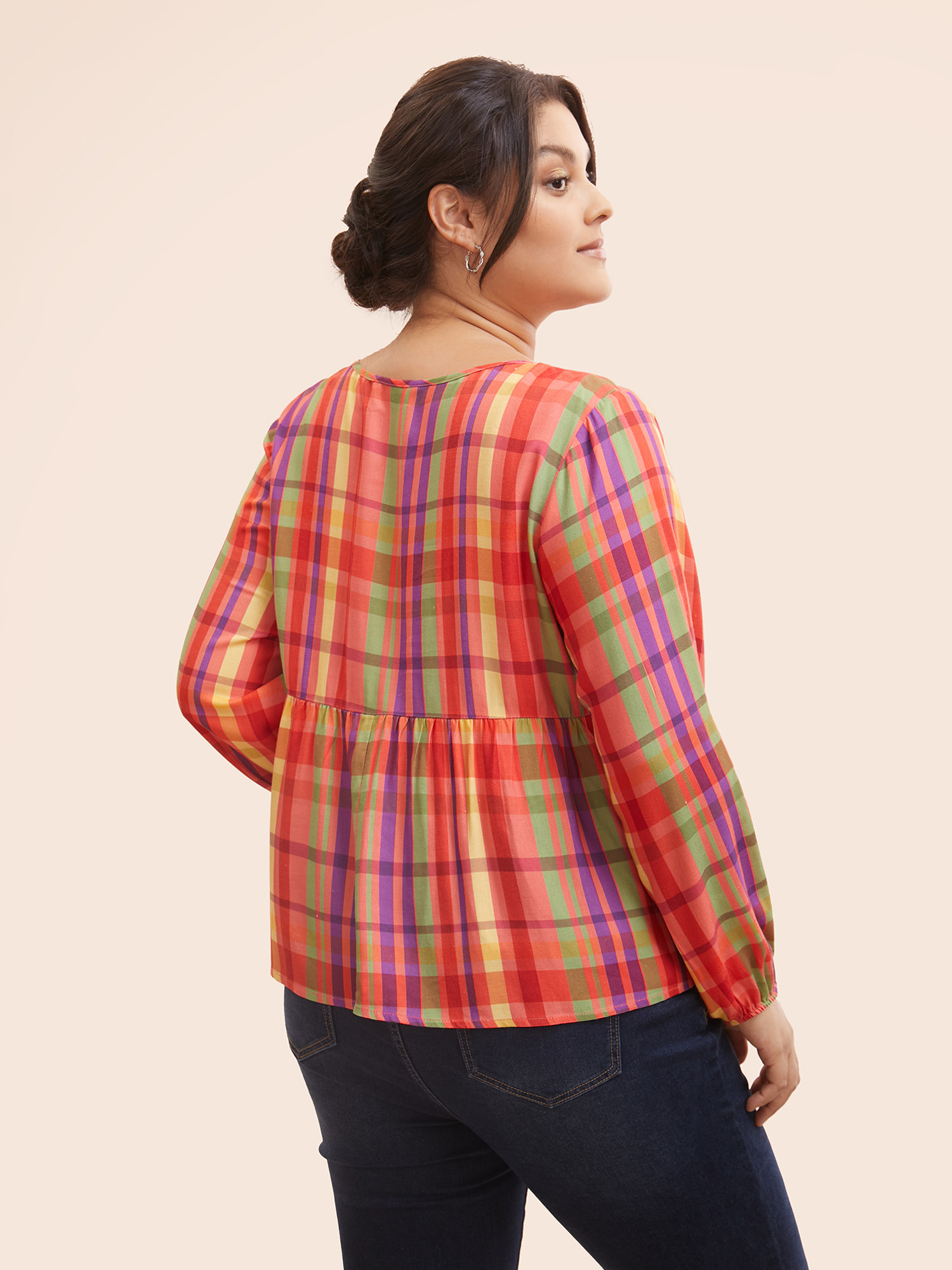 Plus Size Multicolor Colored Plaid Tie Knot Ruffle Hem Blouse Women Casual Long Sleeve Notched collar Everyday Blouses BloomChic 28/5X 