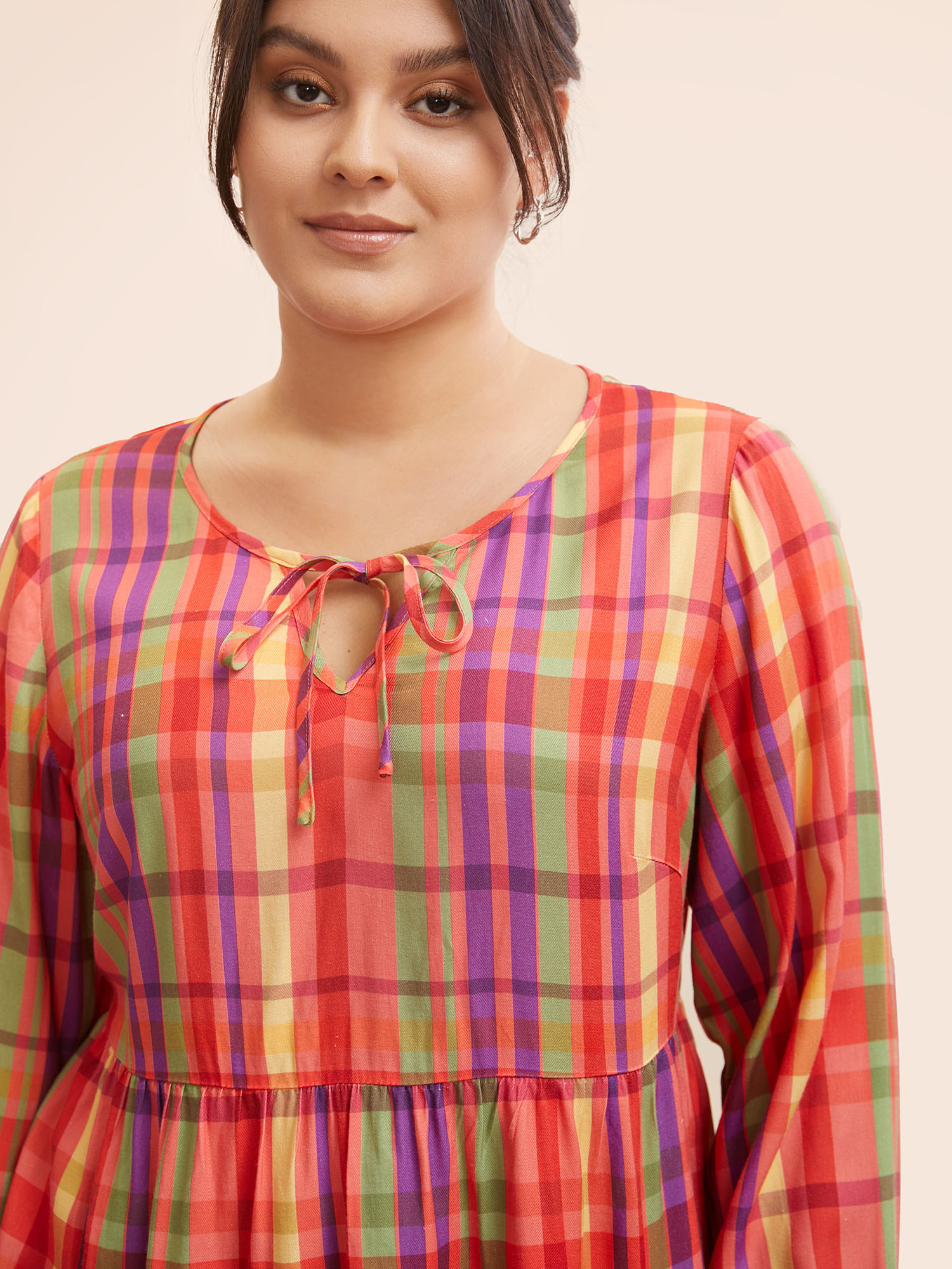 Plus Size Multicolor Colored Plaid Tie Knot Ruffle Hem Blouse Women Casual Long Sleeve Notched collar Everyday Blouses BloomChic 28/5X 