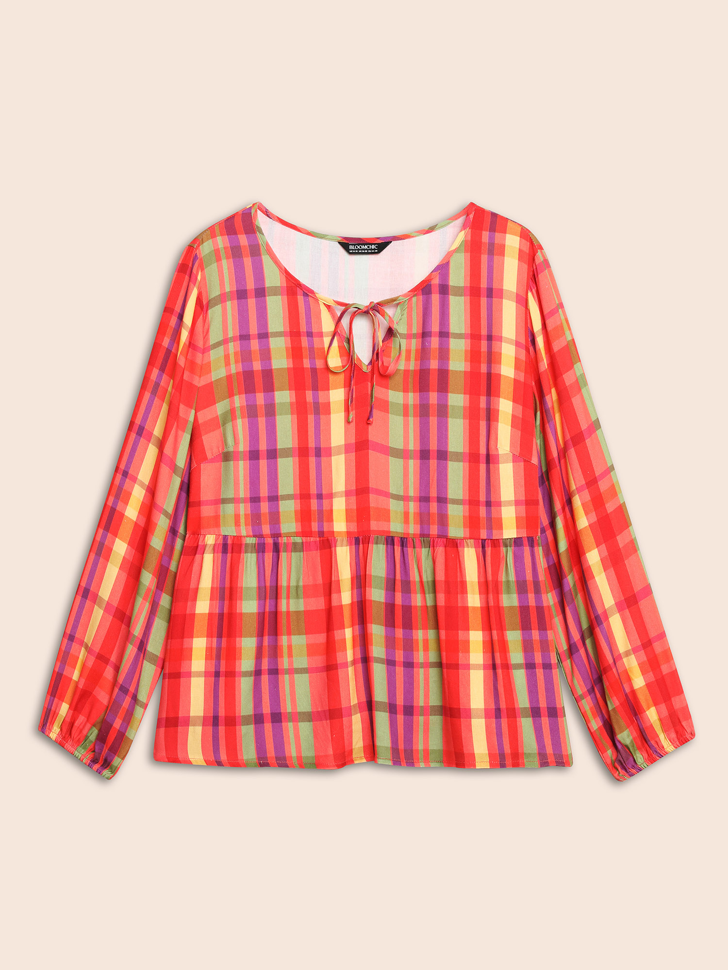 Plus Size Multicolor Colored Plaid Tie Knot Ruffle Hem Blouse Women Casual Long Sleeve Notched collar Everyday Blouses BloomChic 28/5X 