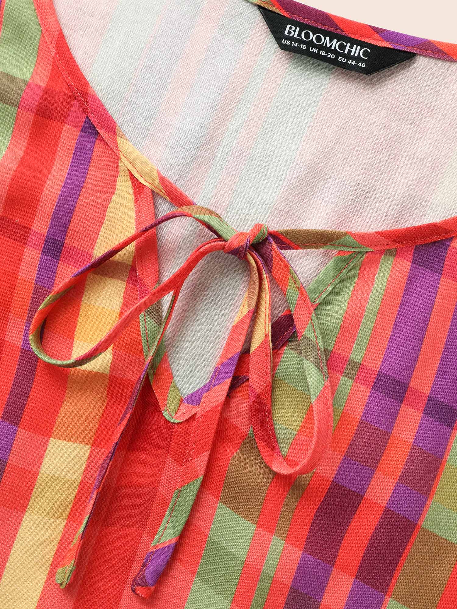 Plus Size Multicolor Colored Plaid Tie Knot Ruffle Hem Blouse Women Casual Long Sleeve Notched collar Everyday Blouses BloomChic 28/5X 