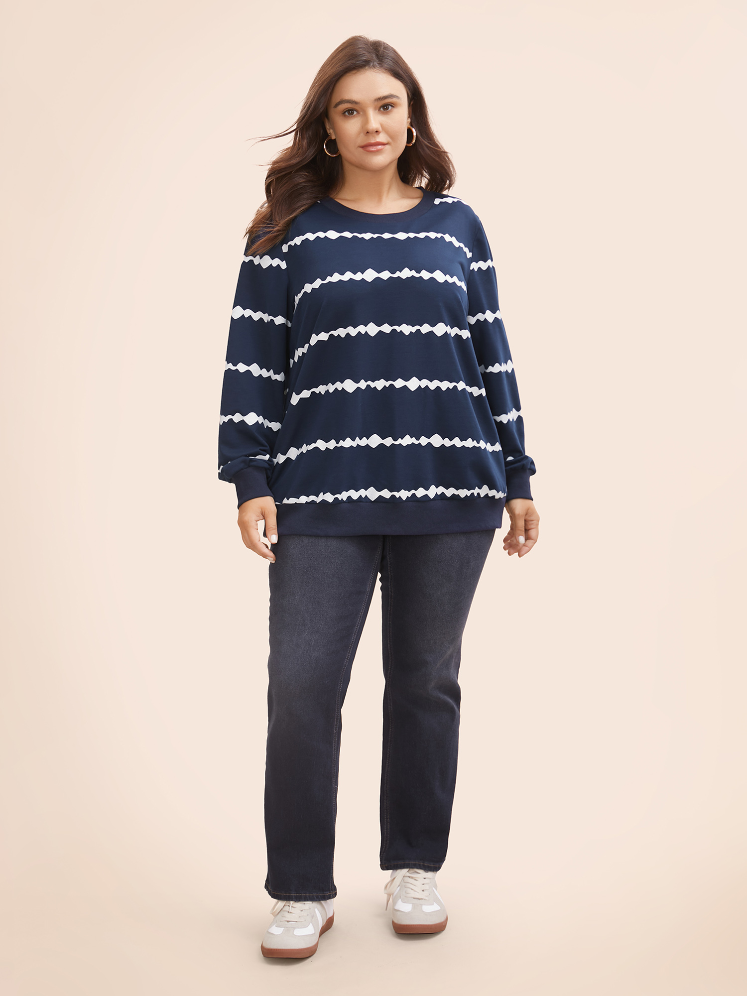 Plus Size Round Neck Asymmetrical Striped Sweatshirt Women Midnight Casual Contrast Round Neck Everyday Sweatshirts BloomChic 30/6X 