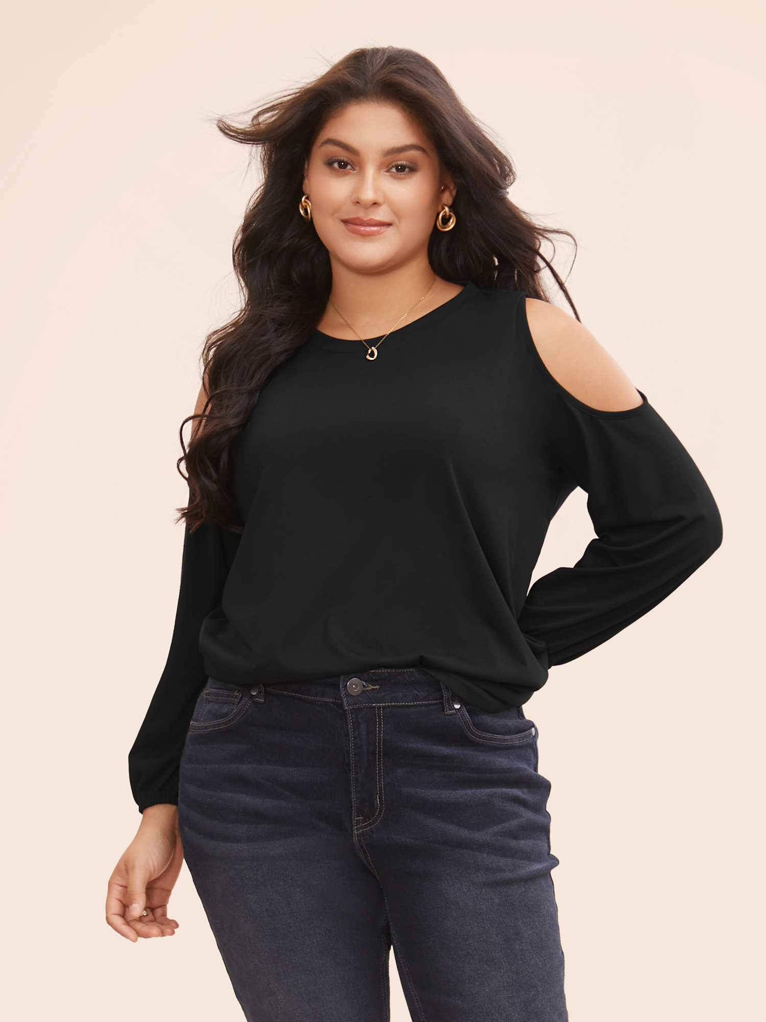 

Plus Size Supersoft Essentials Solid Cold Shoulder T-shirt Black Women Elegant Non Round Neck Everyday T-shirts BloomChic