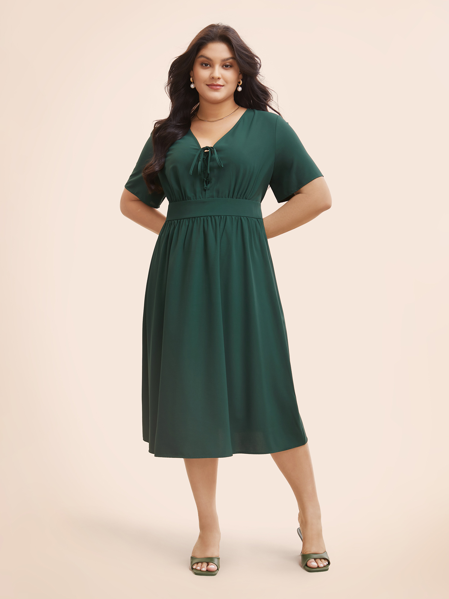 

Plus Size Solid V Neck Lace Up Shirred Dress DarkGreen Women Elegant Tie knot V-neck Short sleeve Curvy BloomChic