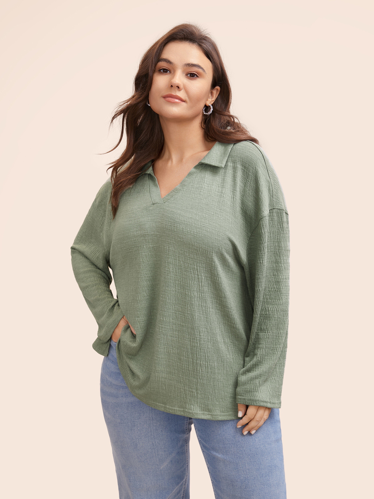 

Plus Size Solid Flat Collar Pit Strip T-shirt Greenbean Flat collar Long Sleeve Casual Jersey Tops