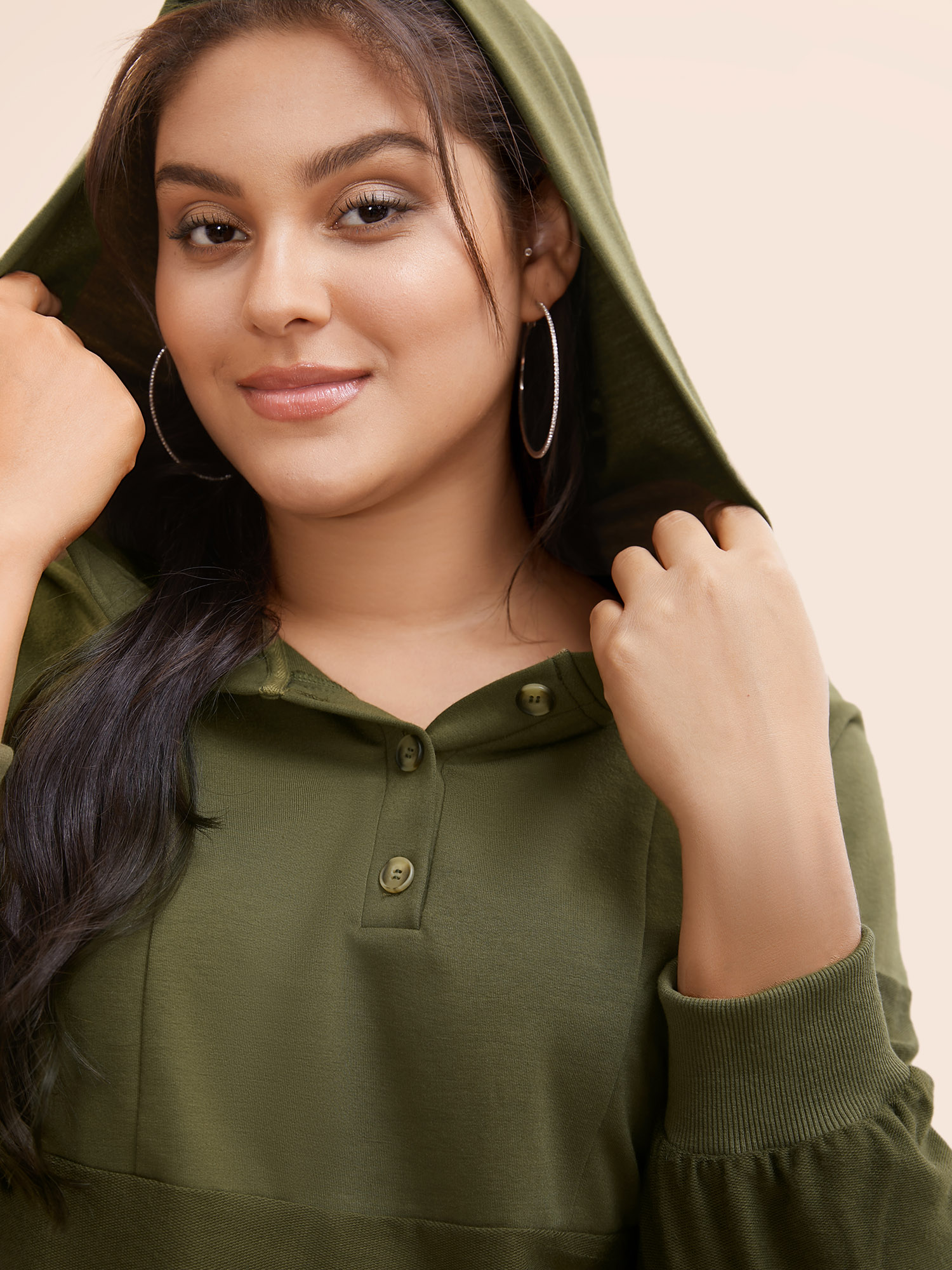 Plus Size Solid Button Up Raglan Sleeve Hooded Sweatshirt Women ArmyGreen Casual Patchwork Hooded Everyday Sweatshirts BloomChic 12/L 