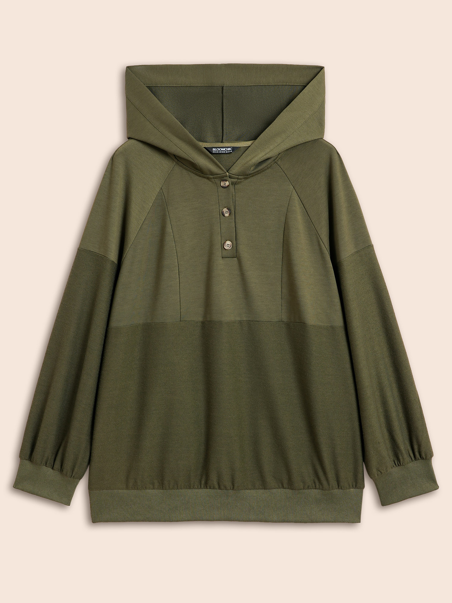 

Plus Size Solid Button Up Raglan Sleeve Hooded Sweatshirt Women ArmyGreen Casual Patchwork Hooded Everyday Sweatshirts BloomChic