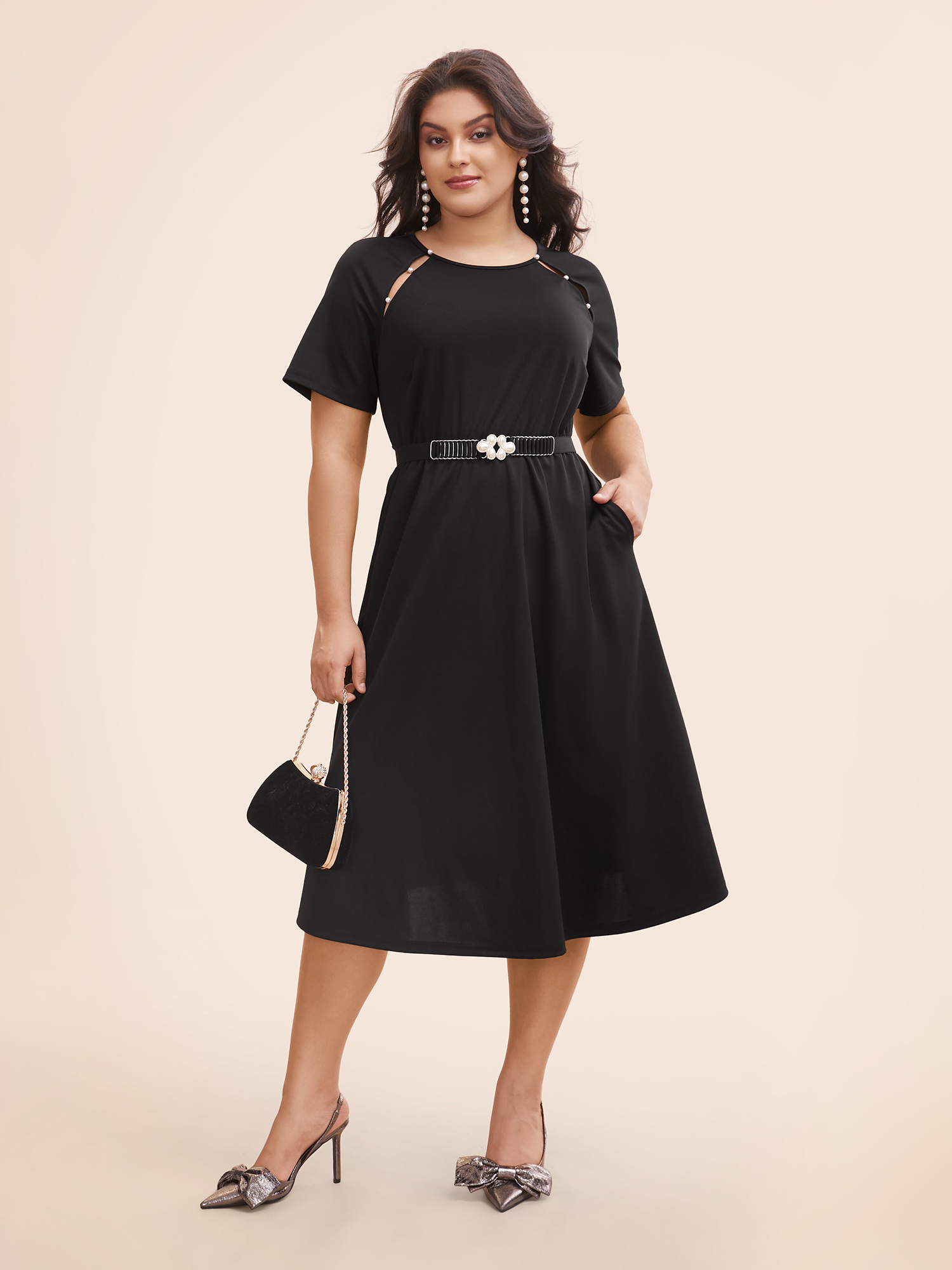 

Plus Size Pearl Beaded Cut Out Raglan Sleeve Dress Black Women Elegant Beaded Round Neck Short sleeve Curvy BloomChic