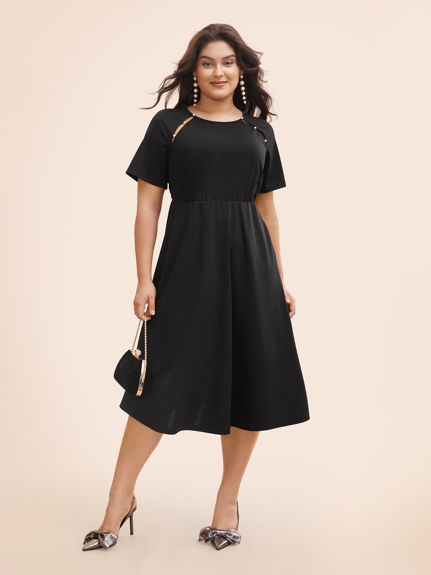 Plus Size Pearl Beaded Cut Out Raglan Sleeve Dress Black Women Elegant Beaded Round Neck Short sleeve Curvy BloomChic 18-20/2X 