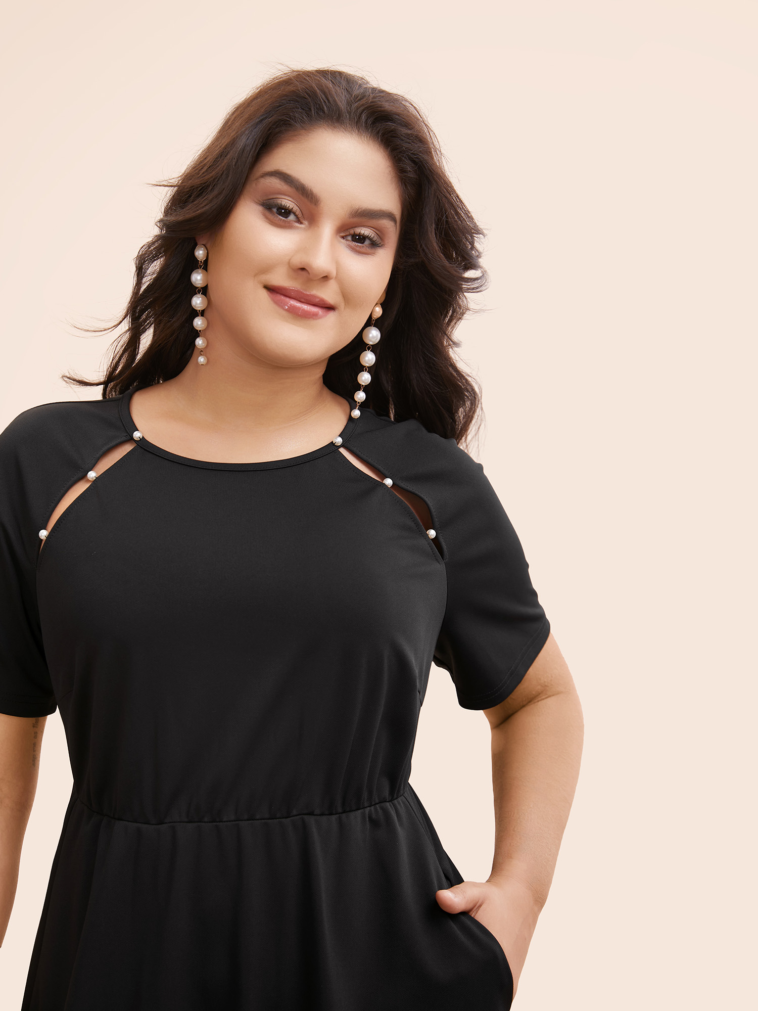 Plus Size Pearl Beaded Cut Out Raglan Sleeve Dress Black Women Elegant Beaded Round Neck Short sleeve Curvy BloomChic 18-20/2X 