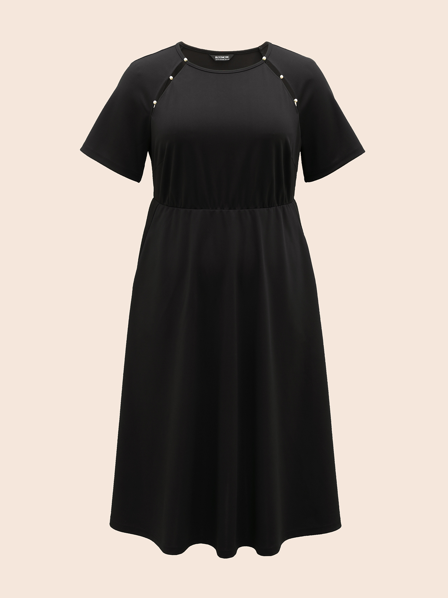 Plus Size Pearl Beaded Cut Out Raglan Sleeve Dress Black Women Elegant Beaded Round Neck Short sleeve Curvy BloomChic 18-20/2X 