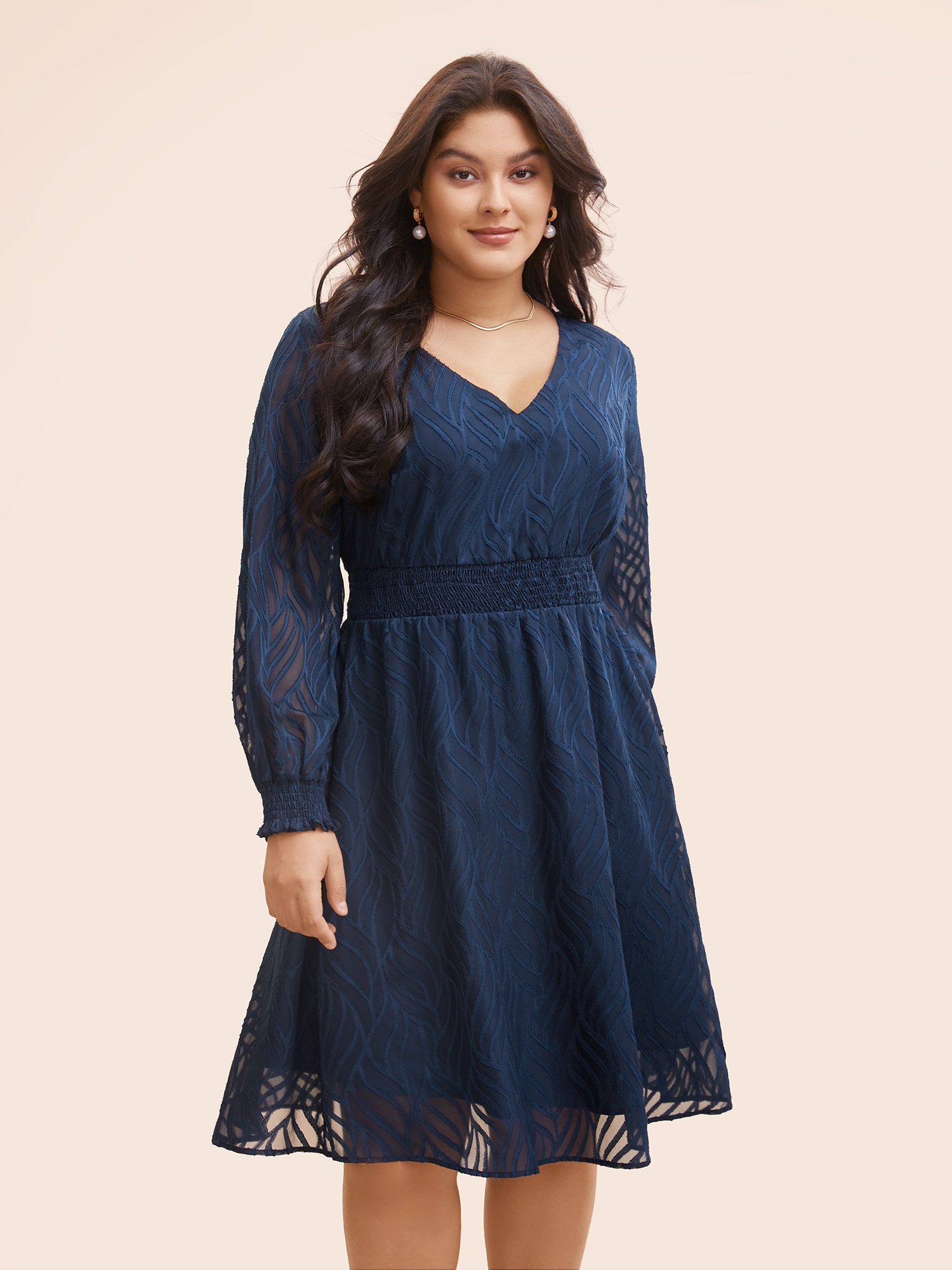 

Plus Size Chiffon Jacquard Shirred Lantern Sleeve Dress Indigo Women Elegant Texture V-neck Long Sleeve Curvy BloomChic