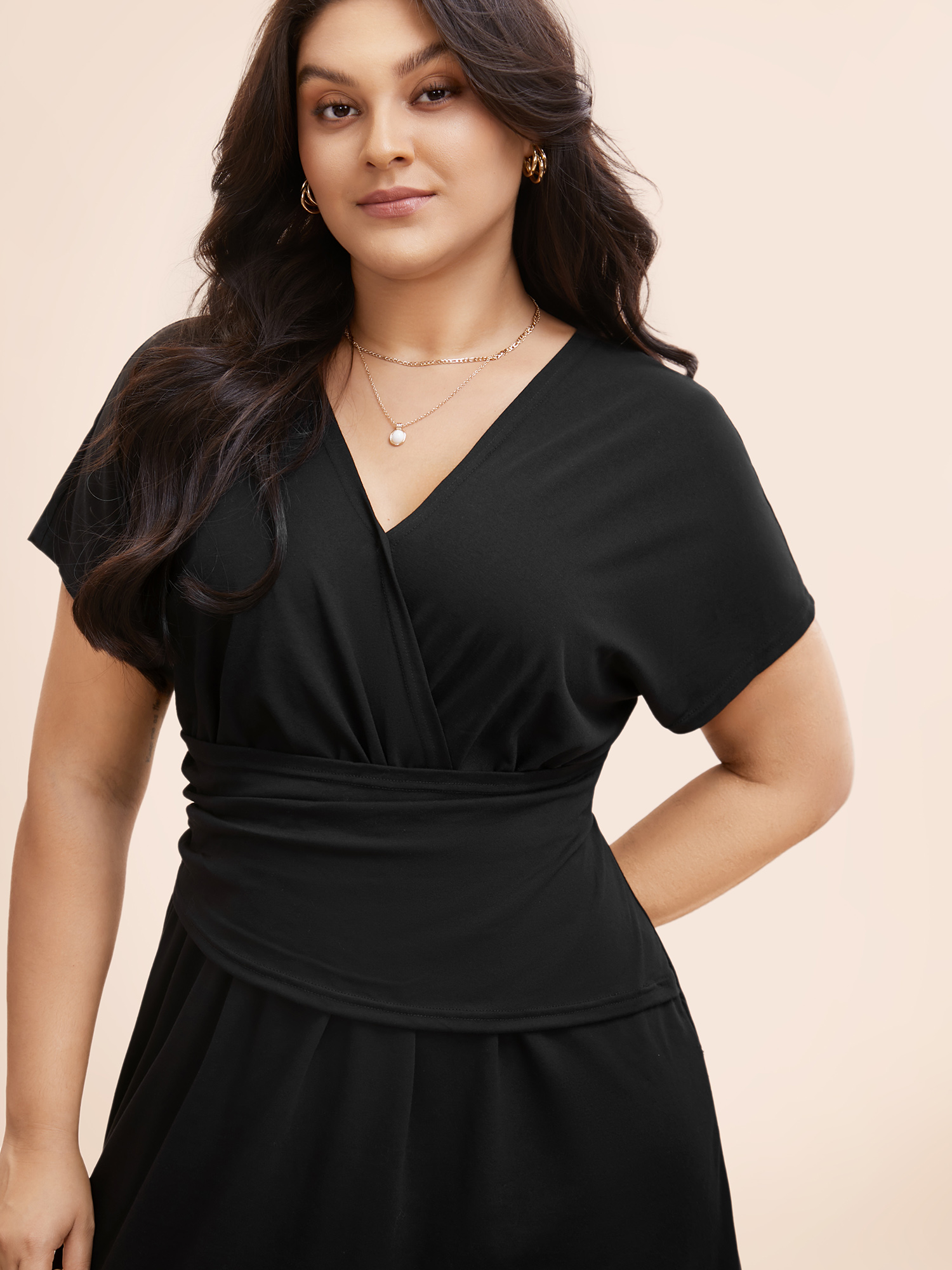 

Plus Size Overlap Collar Dolman Sleeve Ruched Dress Black Women At the Office Gathered Overlap Collar Short sleeve Curvy BloomChic