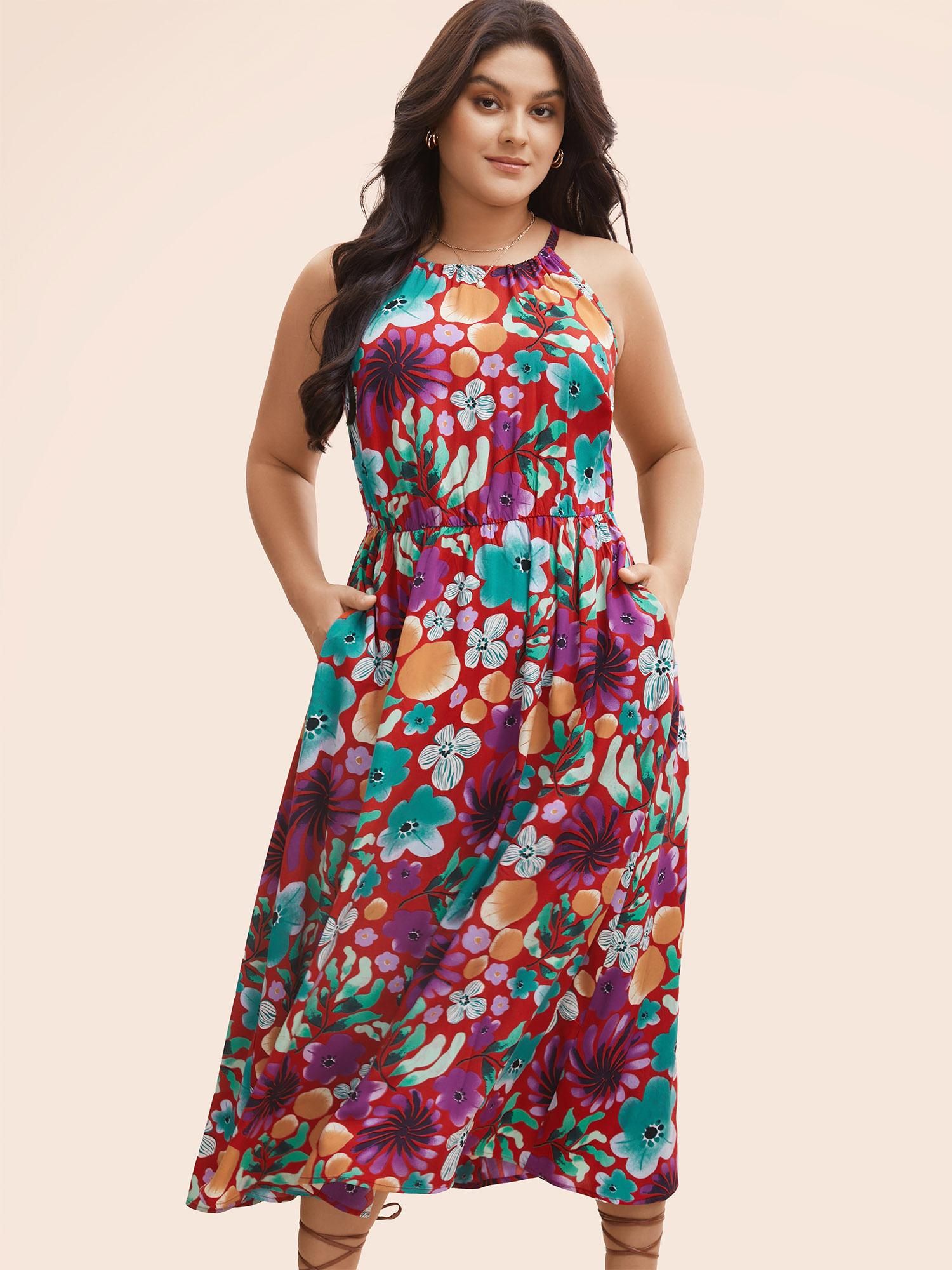 

Plus Size Floral Printed Patchwork Side Seam Pocket Dress Burgundy Women Resort Gathered Non Sleeveless Curvy BloomChic