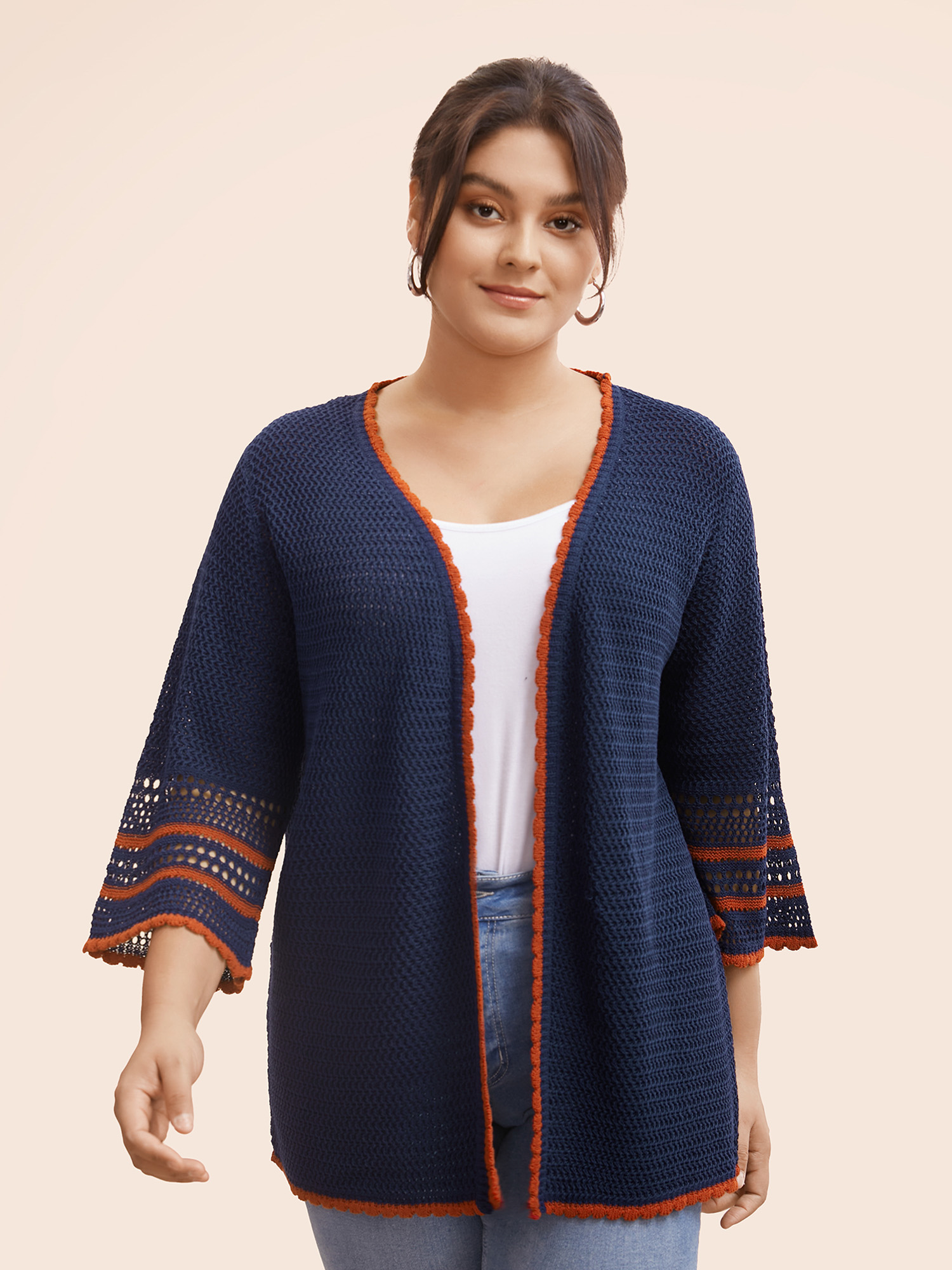 

Plus Size Solid Contrast Trim Bell Sleeve Cardigan Indigo Women Beach Loose Elbow-length sleeve Vacation Cardigans BloomChic