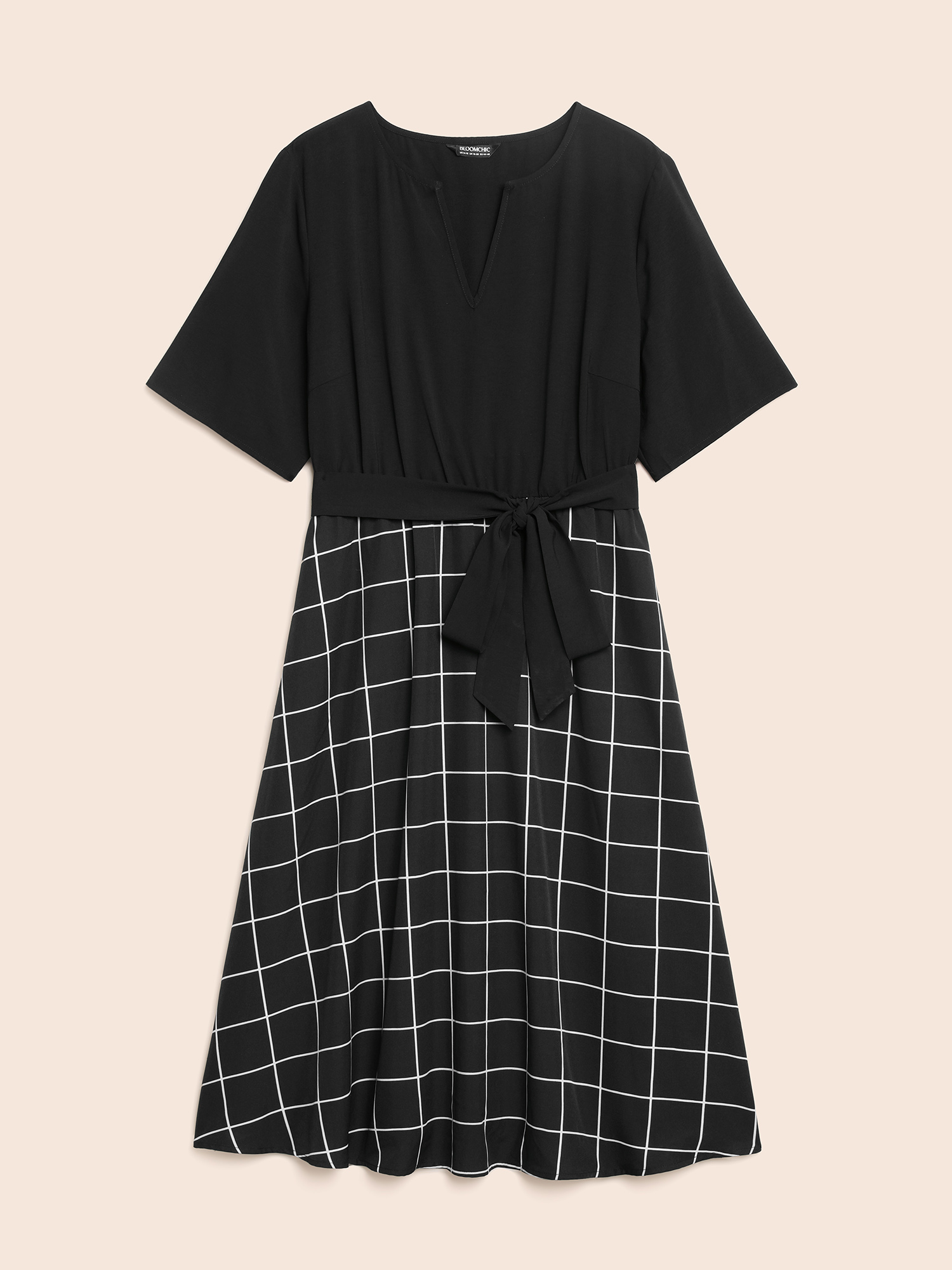 

Plus Size Notched Plaid Patchwork Belted Midi Dress Black Women At the Office Belted Flat collar with V-notch Half Sleeve Curvy BloomChic