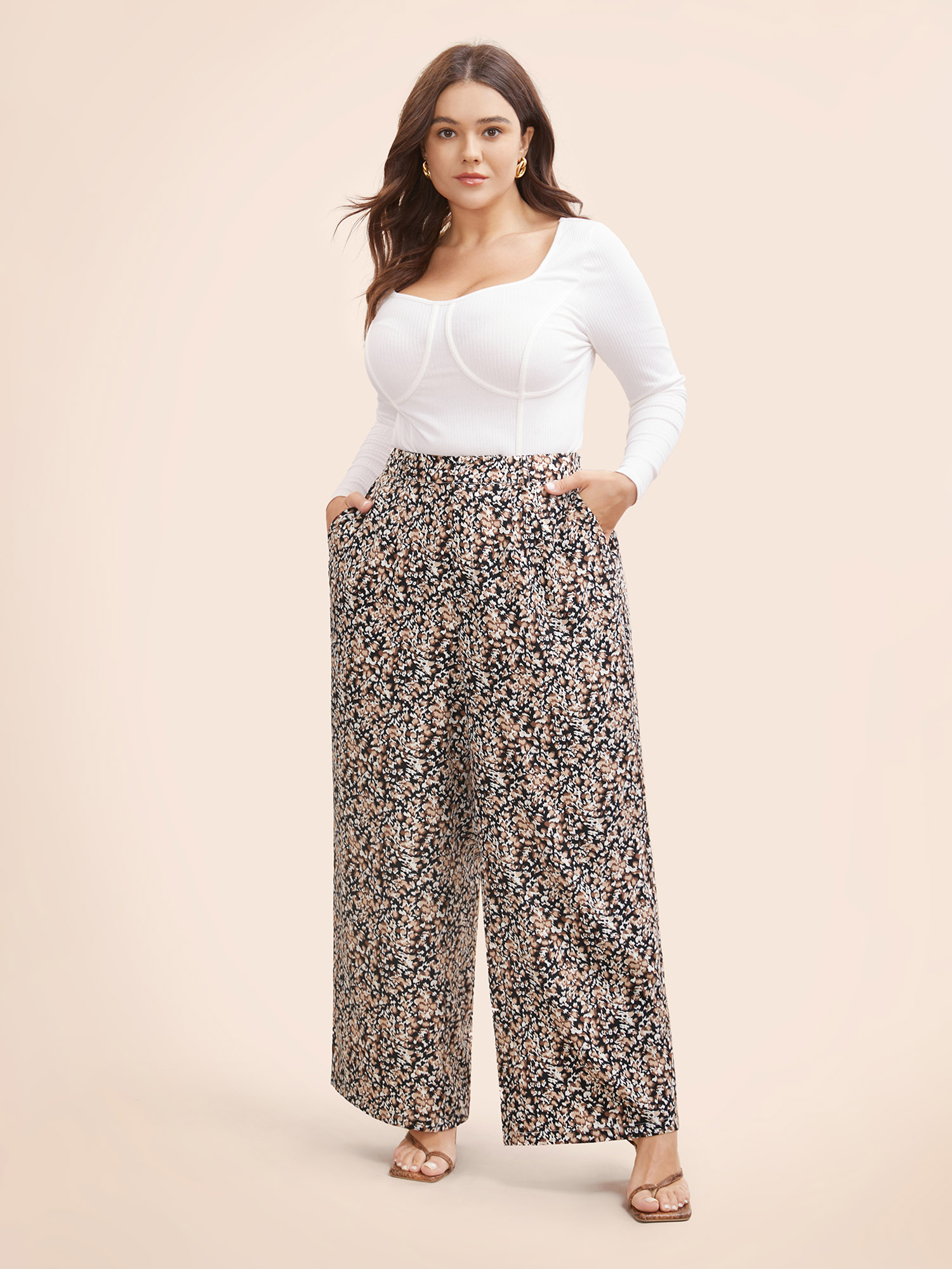Plus Size Leopard Print Pleated Wide Leg Pants Women Leopard Casual Wide Leg Mid Rise Everyday Pants BloomChic 28/5X 