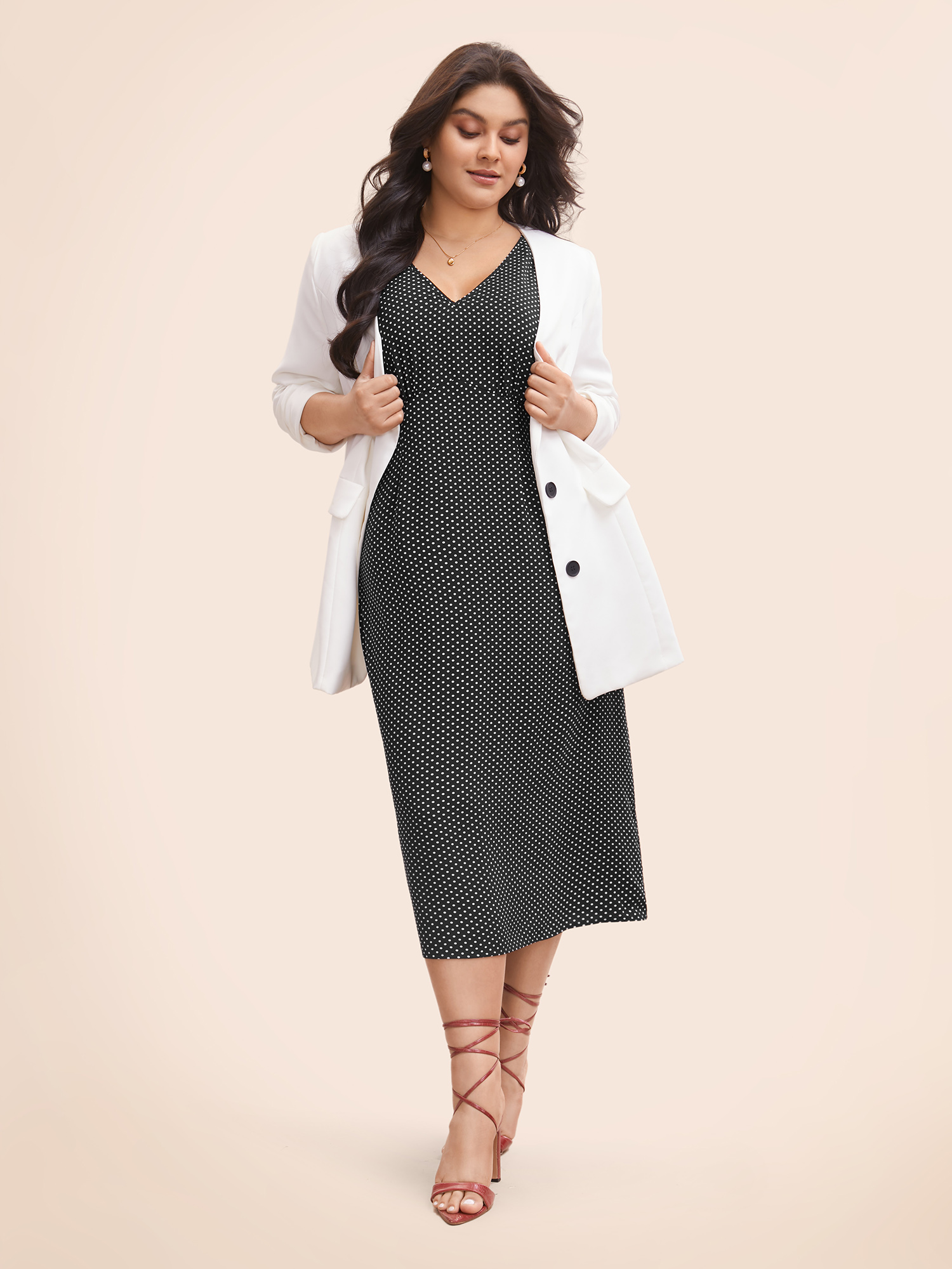 

Plus Size V Neck Polka Dot Midi Dress Black Women Elegant Gathered V-neck Sleeveless Curvy BloomChic